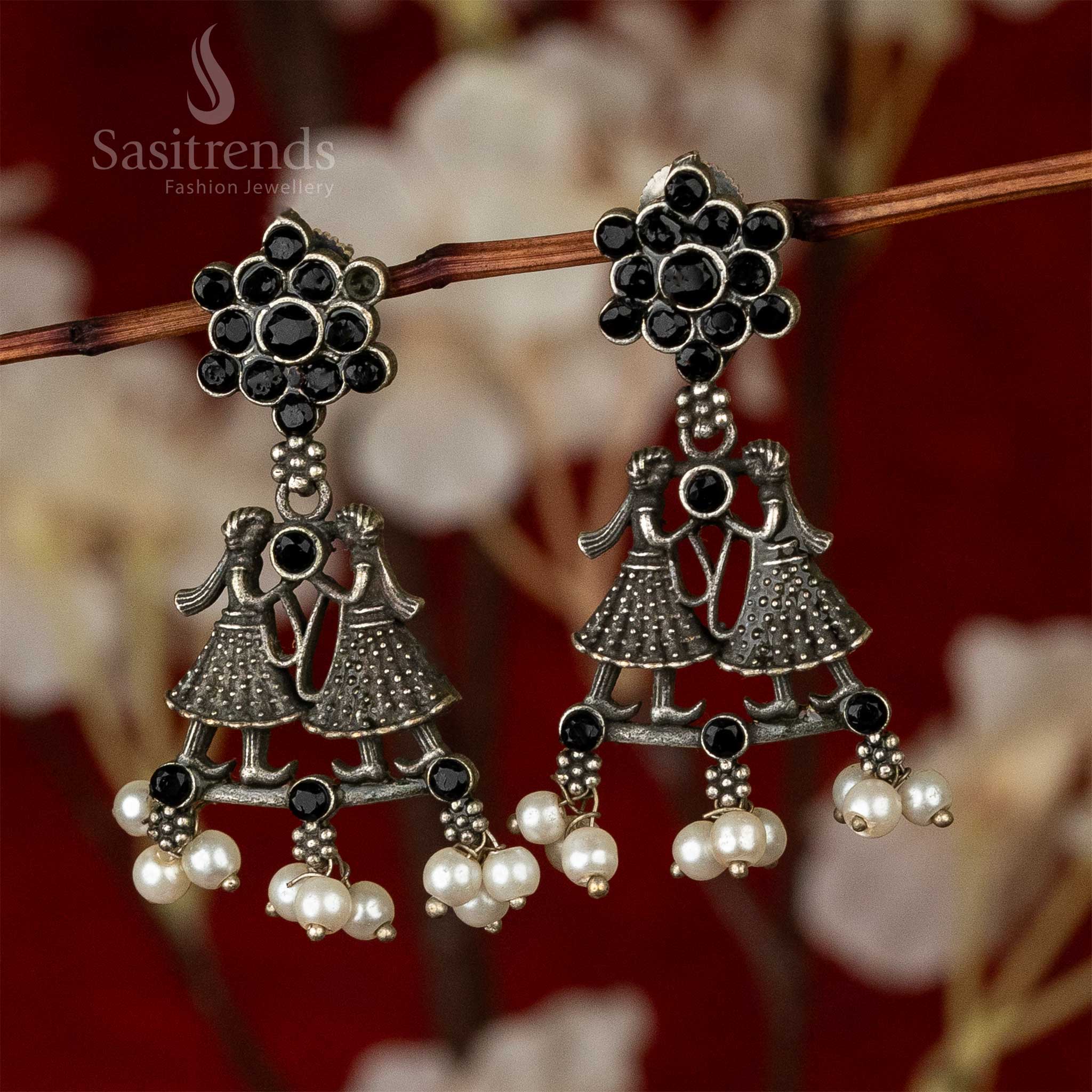 Oxidised Silver-Look Dulha-Dulhan Earrings with Stones Cluster and Pearls - Sasitrends - Image 6