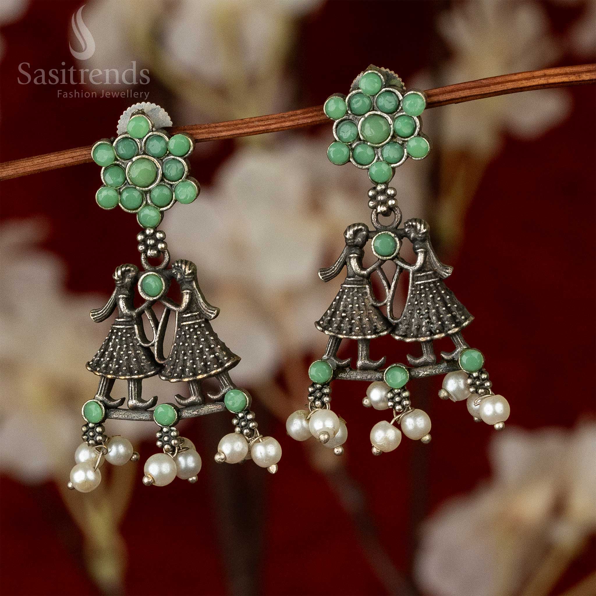 Oxidised Silver-Look Dulha-Dulhan Earrings with Stones Cluster and Pearls - Sasitrends - Image 7