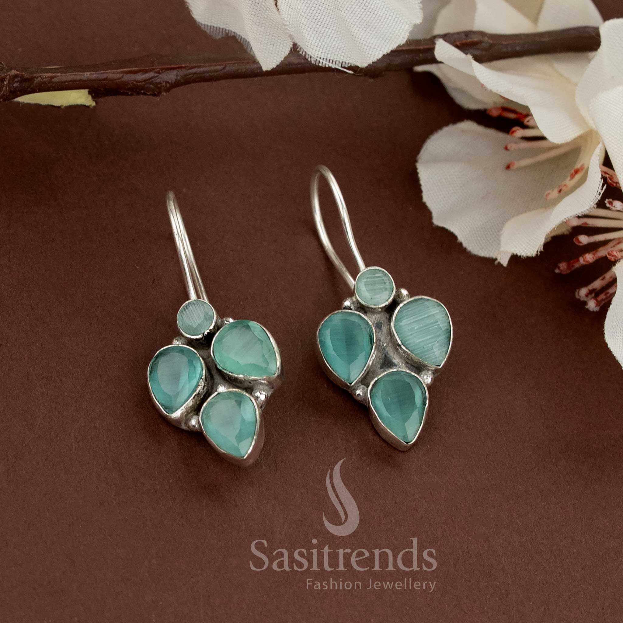 Oxidised Earrings with Clustered Natural Teardrop Stones - Sasitrends - Image 7