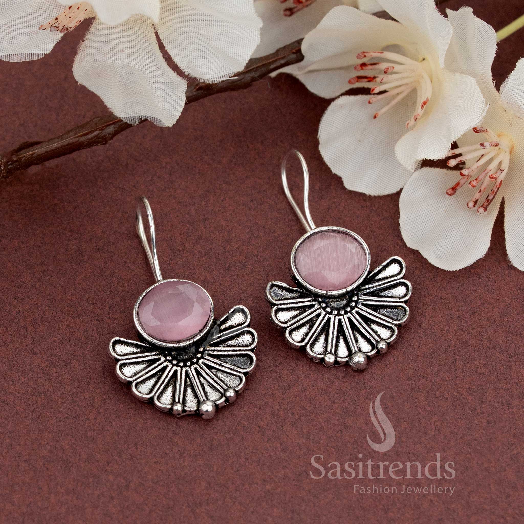Oxidised Fan Design Earrings with Natural Faceted Stone - Sasitrends - Image 4