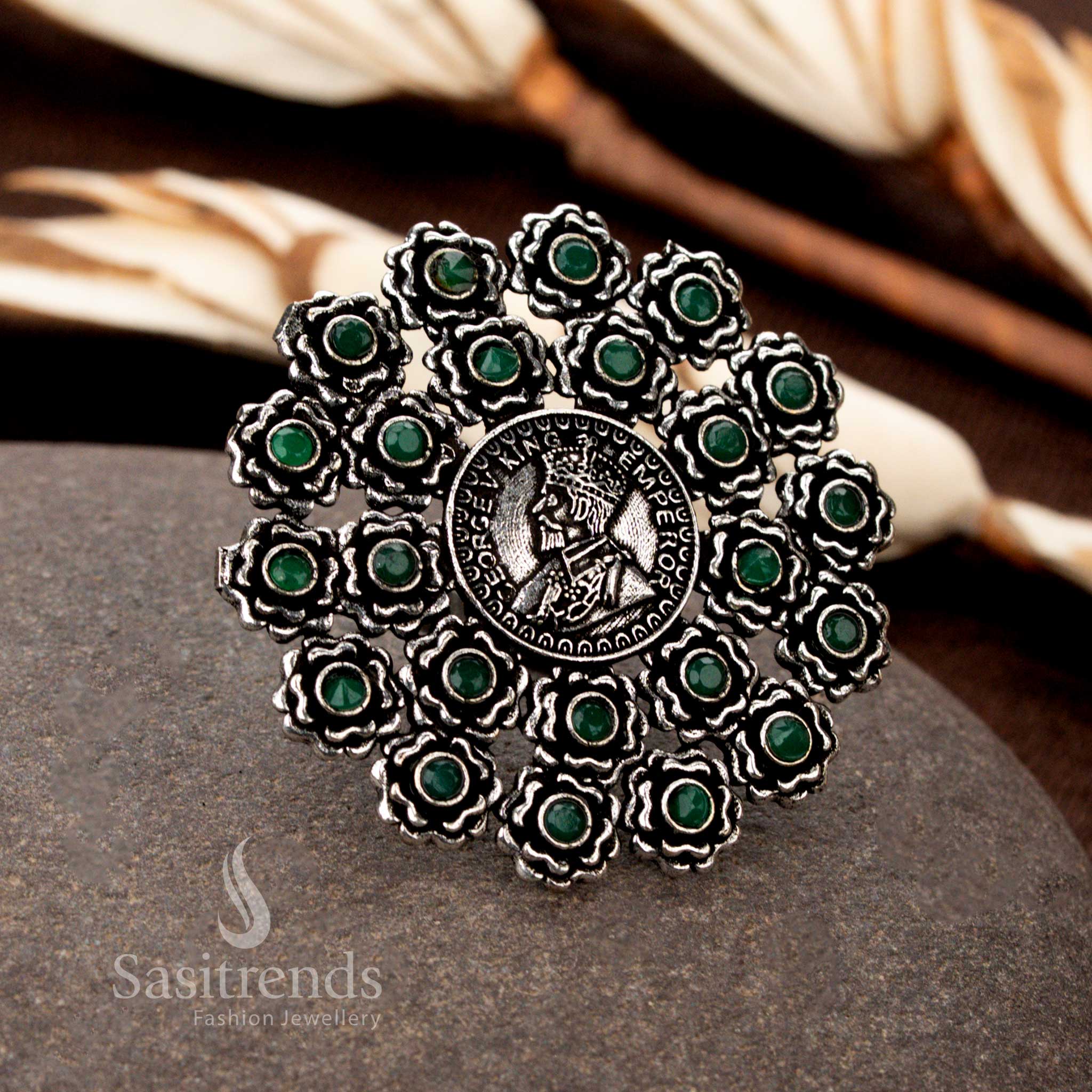 Beautiful Oxidised Floral Coin Pattern Ring with Intricate Stone Embellishments - Sasitrends - Image 7