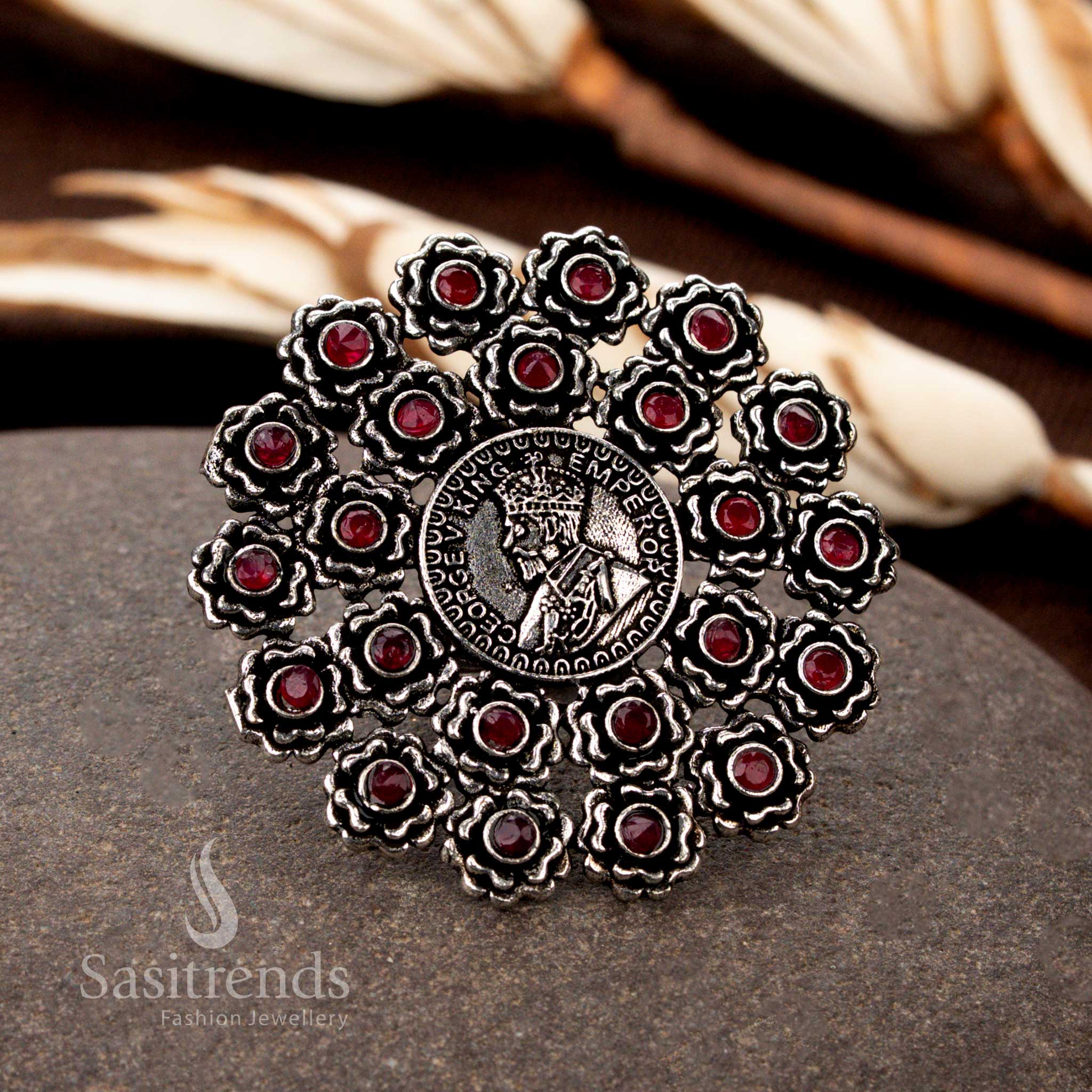Beautiful Oxidised Floral Coin Pattern Ring with Intricate Stone Embellishments - Sasitrends - Image 8