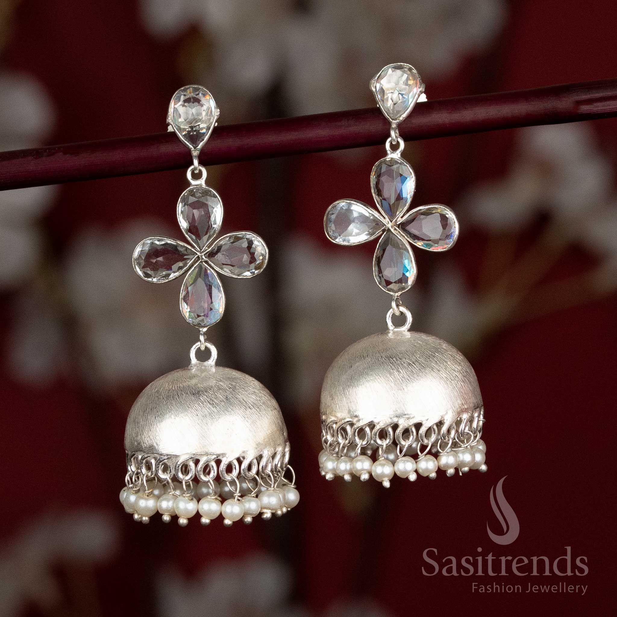 Oxidised Jhumka Earrings with Four-Petal Floral Top & Pearl Beads - Sasitrends - Image 2