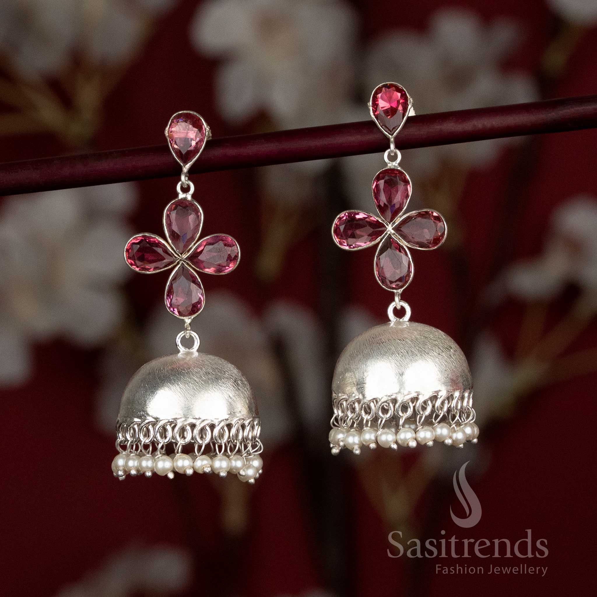 Oxidised Jhumka Earrings with Four-Petal Floral Top & Pearl Beads - Sasitrends - Image 3