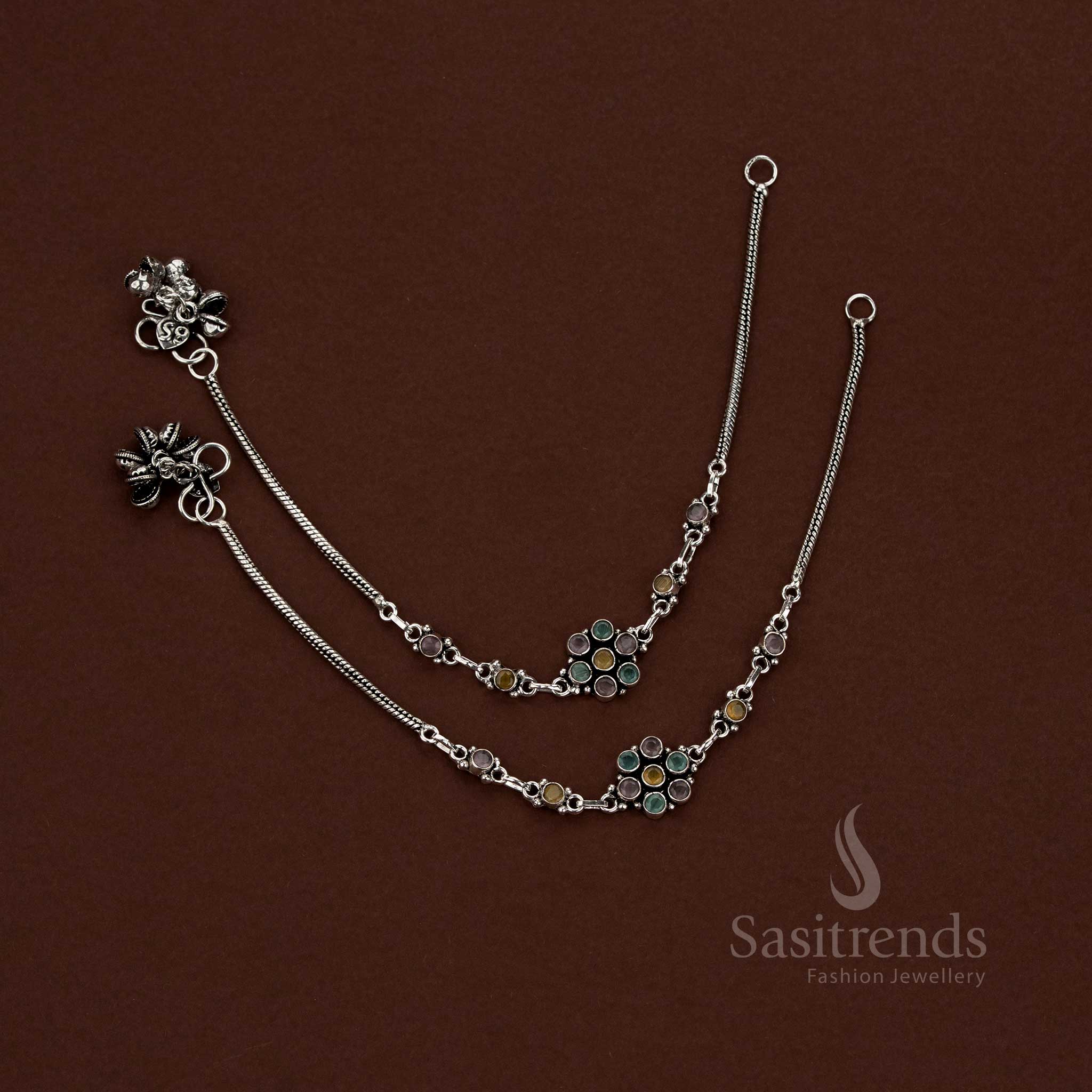 Stylish Oxidised Floral Link Chain Anklets for Casual & Everyday Wear