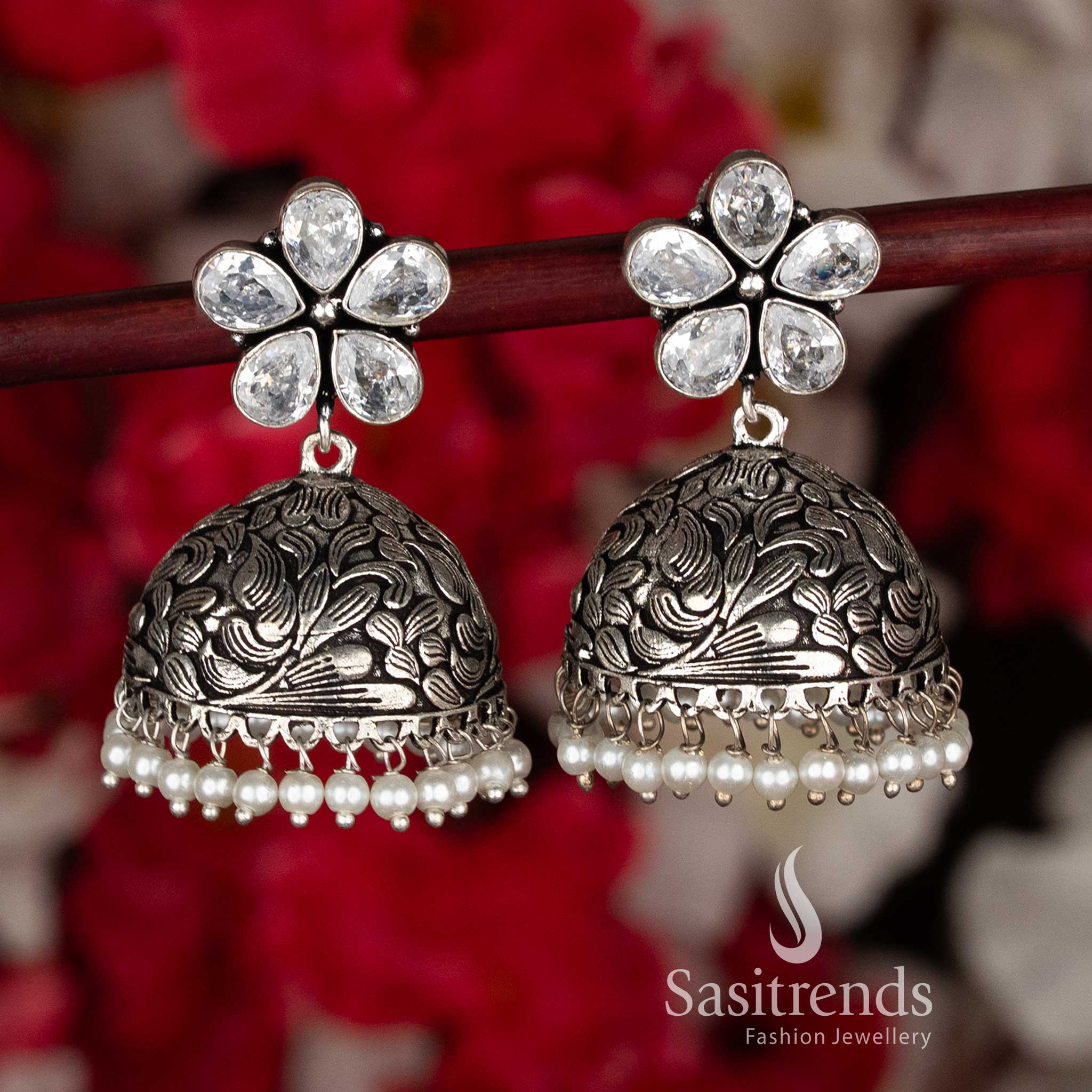 Oxidised Floral Jhumka Earrings with Pearl Drops | Fish Hook & Push Back For Ethnic Wear - Image 11