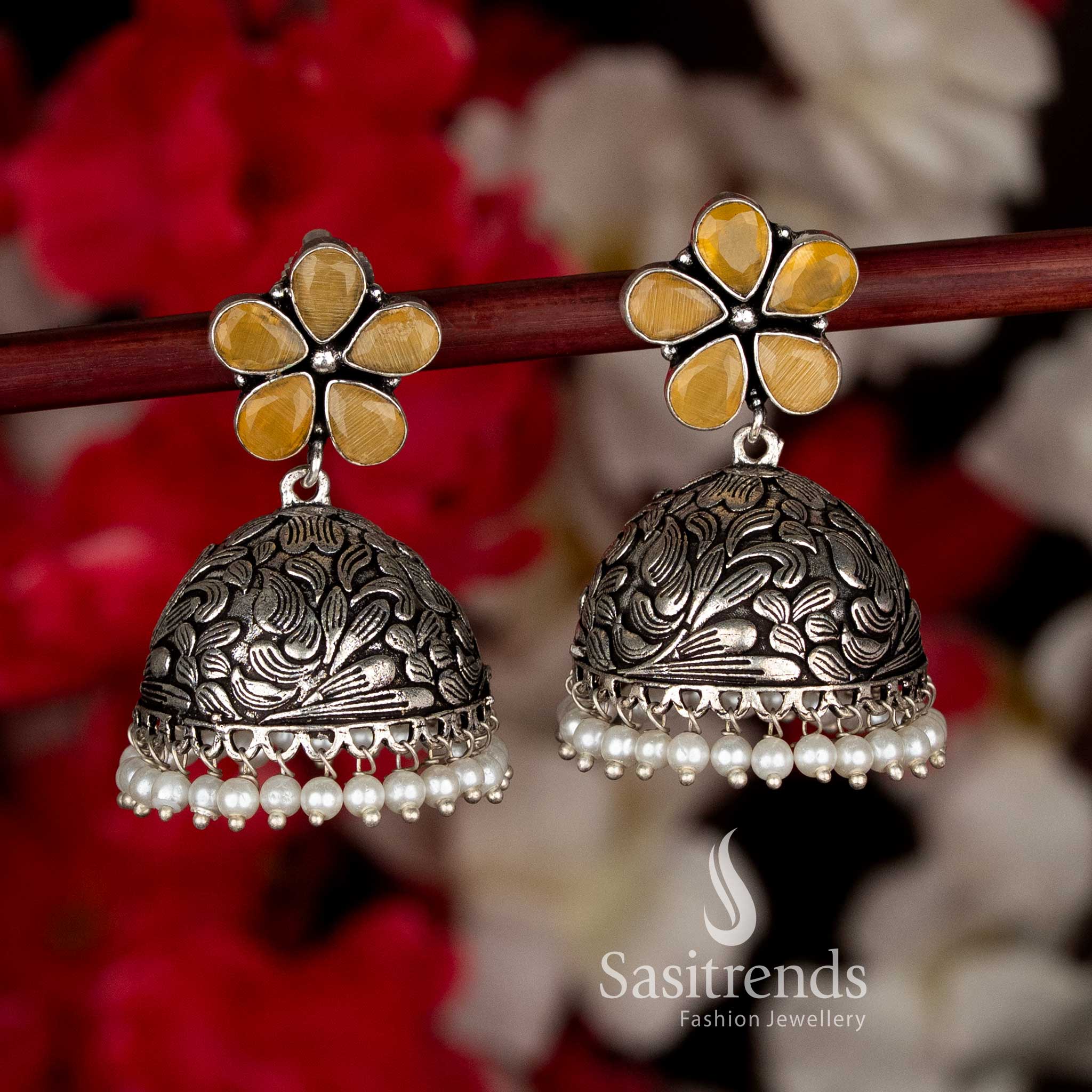 Oxidised Floral Jhumka Earrings with Pearl Drops | Fish Hook & Push Back For Ethnic Wear - Image 13