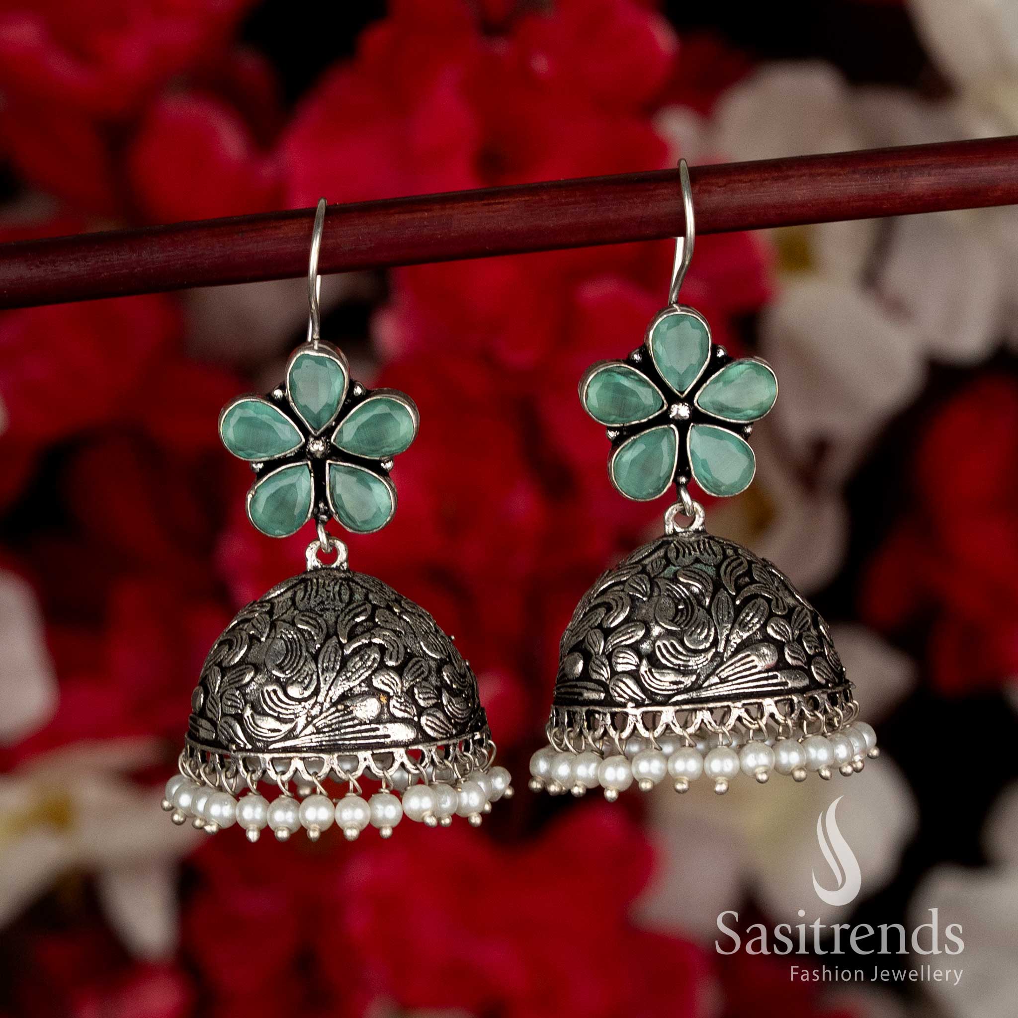 Oxidised Floral Jhumka Earrings with Pearl Drops | Fish Hook & Push Back For Ethnic Wear - Image 25