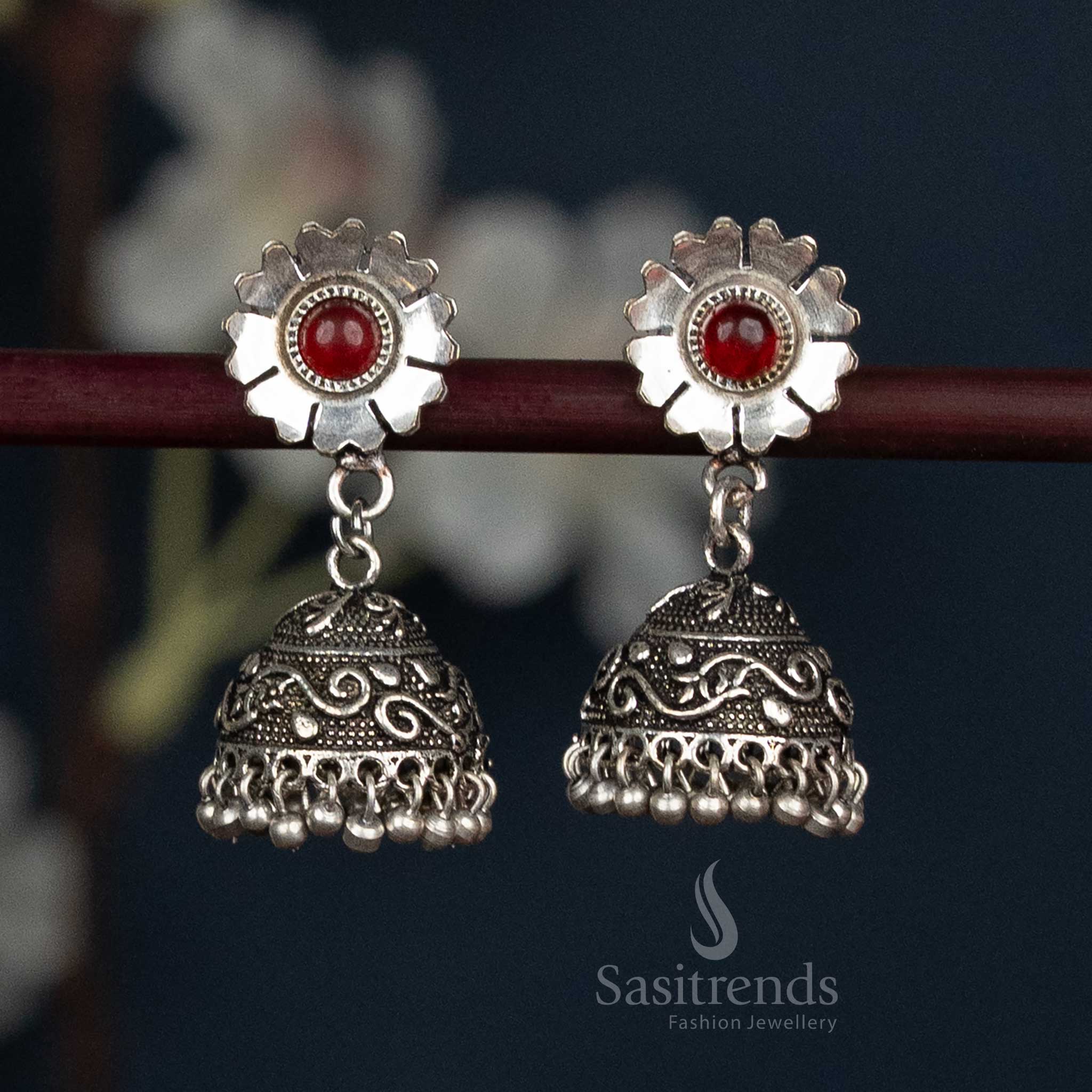 Oxidised Floral Stud Jhumka Earrings with Swirl Dome and Ball Fringe - Sasitrends - Image 6
