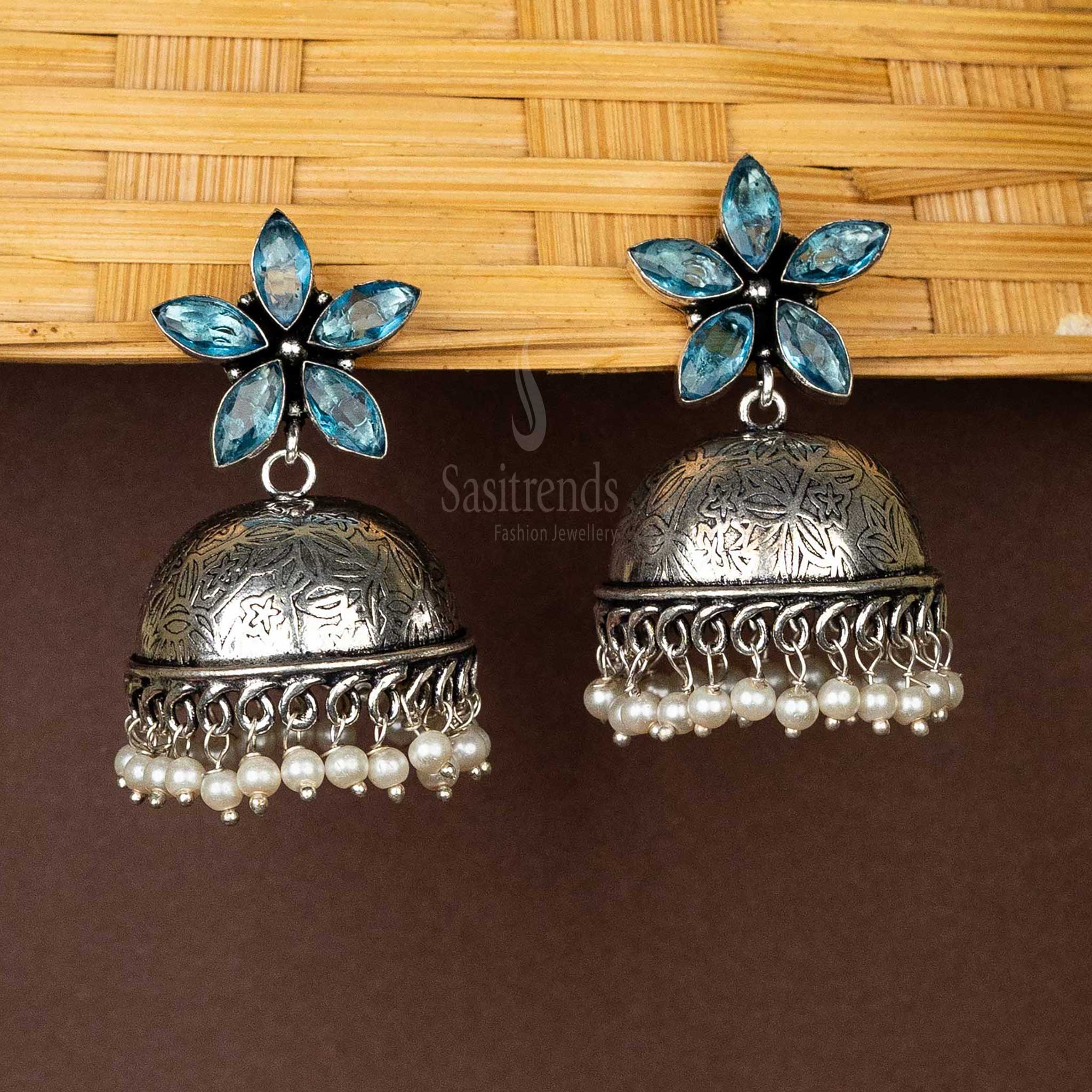 Sasitrends | Oxidised Floral Top Jhumka Earrings with Pearl Hanging - Image 11