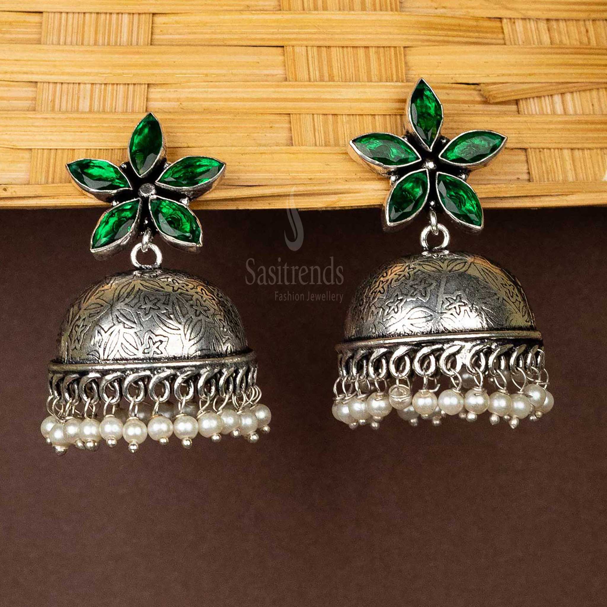 Sasitrends | Oxidised Floral Top Jhumka Earrings with Pearl Hanging - Image 3