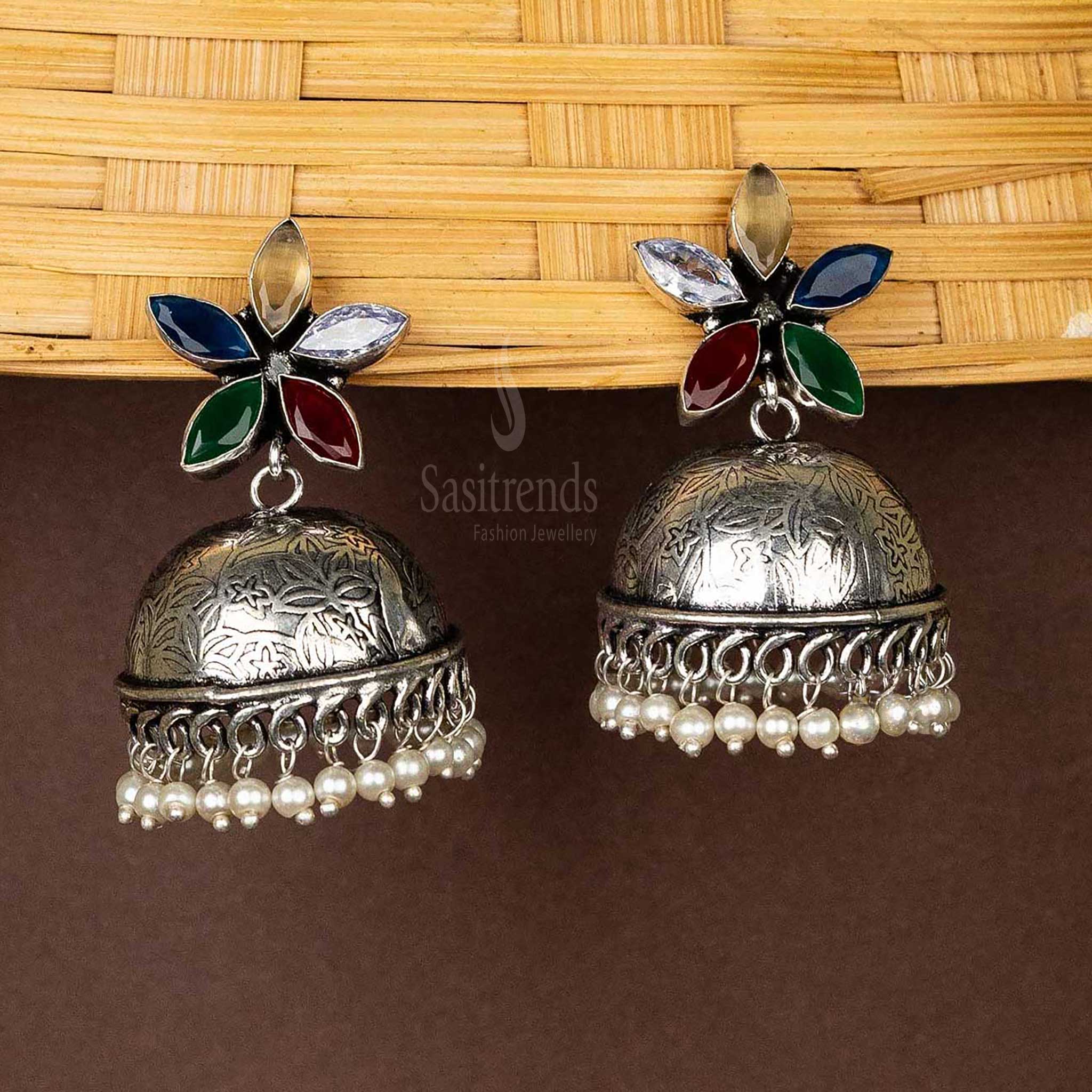 Sasitrends | Oxidised Floral Top Jhumka Earrings with Pearl Hanging - Image 6