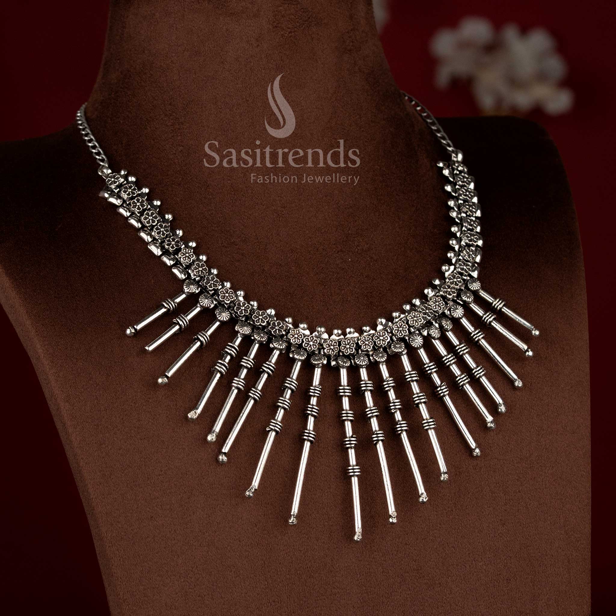 Oxidised German Silver Floral Cleopatra Sunburst Neckline Necklace for Ethnic Saree Styling & Festive Ensembles