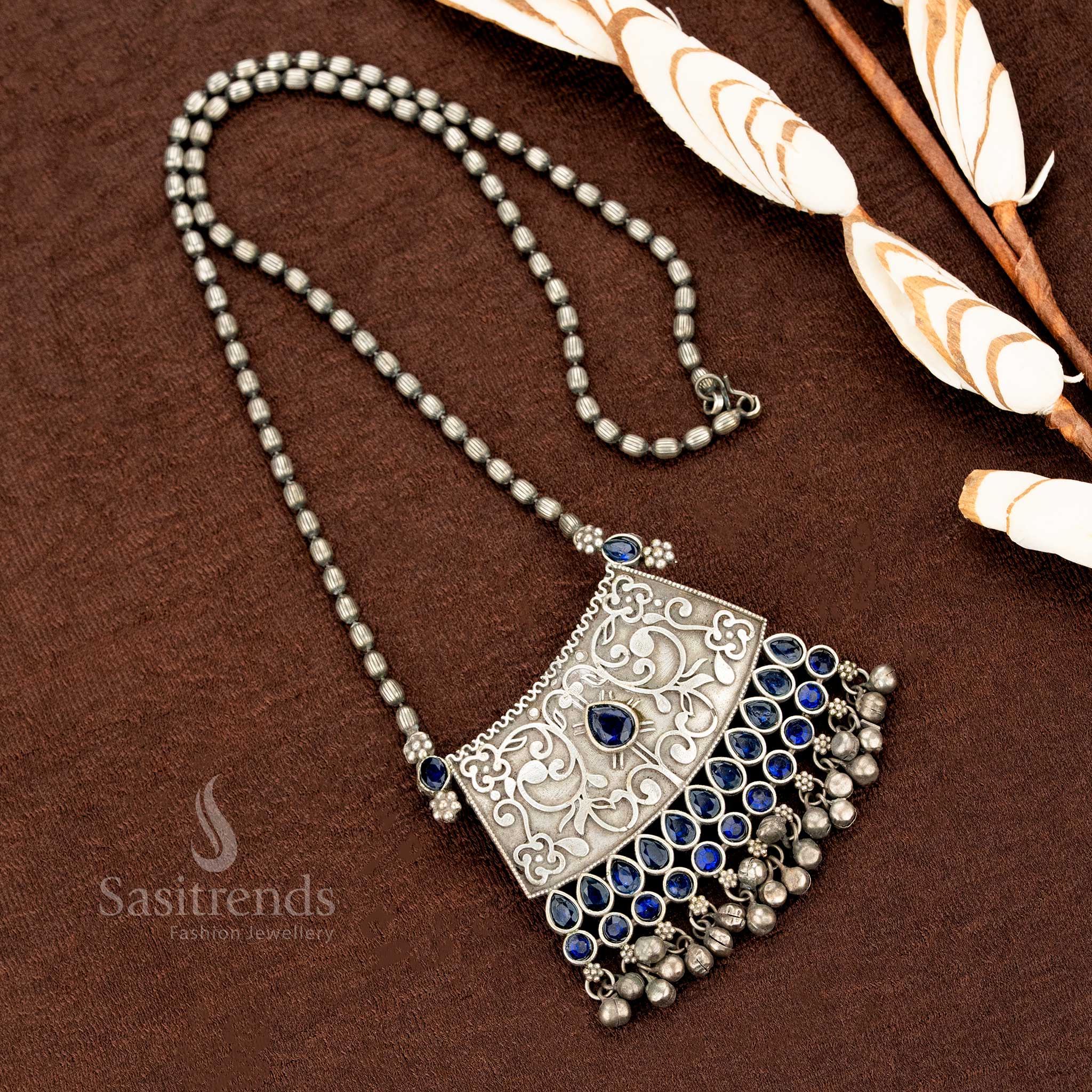 Oxidised German Silver Floral Engraved Stone Pendant Chain Necklace – Antique Tribal Jewellery, Traditional Wear - Sasitrends - Image 2