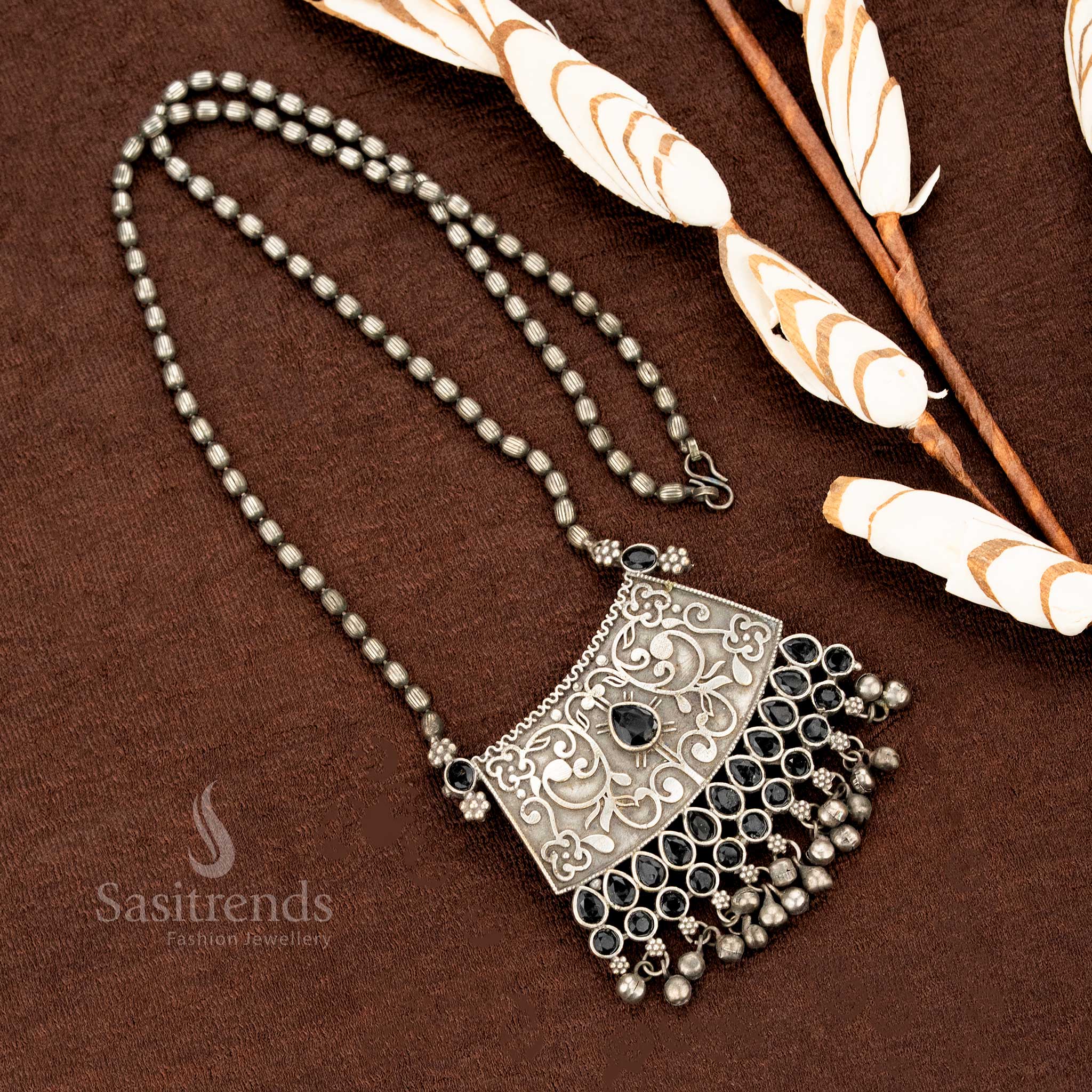Oxidised German Silver Floral Engraved Stone Pendant Chain Necklace – Antique Tribal Jewellery, Traditional Wear - Sasitrends - Image 7