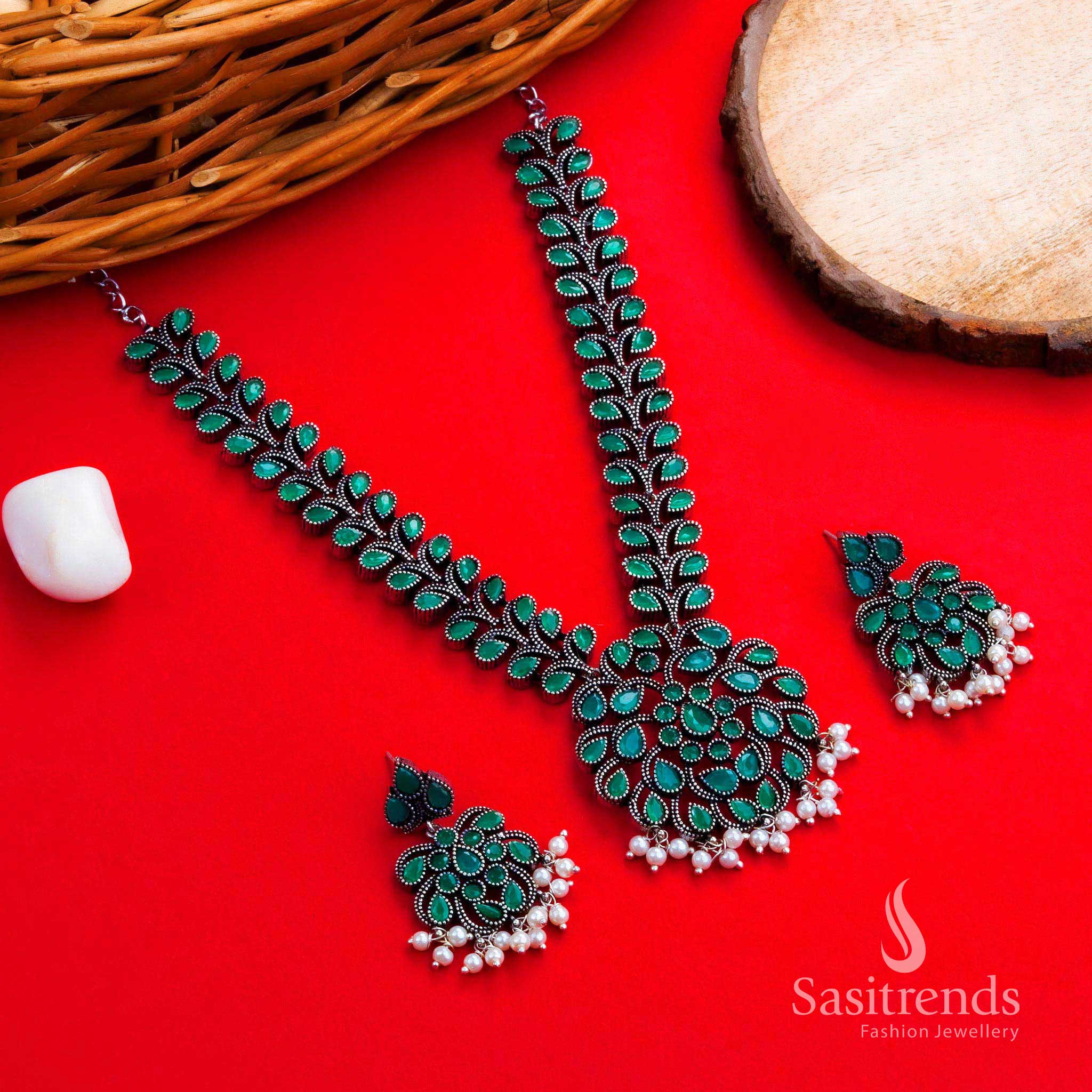Oxidised Silver Floral Stones Necklace with Earrings Jewellery Set - Perfect for Parties and Occasions | Sasitrends - Image 3