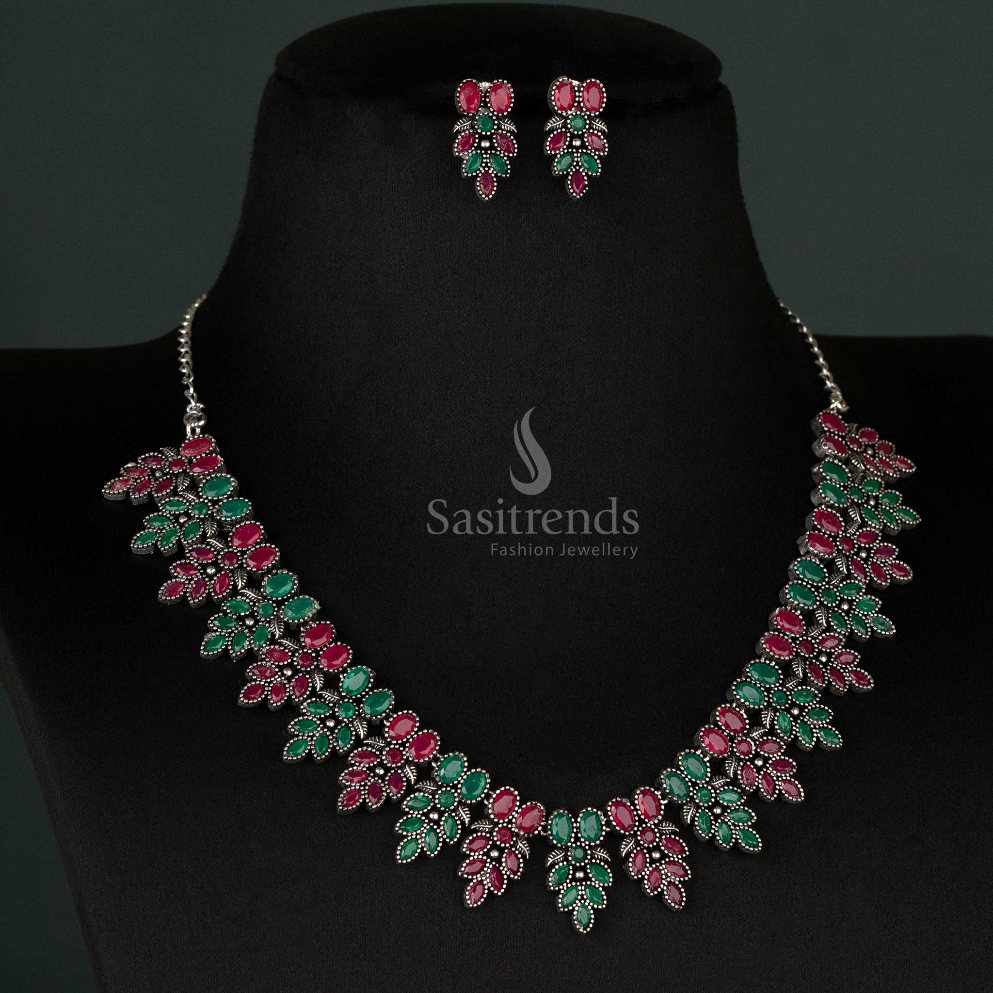 Party Wear Leaf Motif Oxidised German Silver Necklace Jewellery Set - Image 7