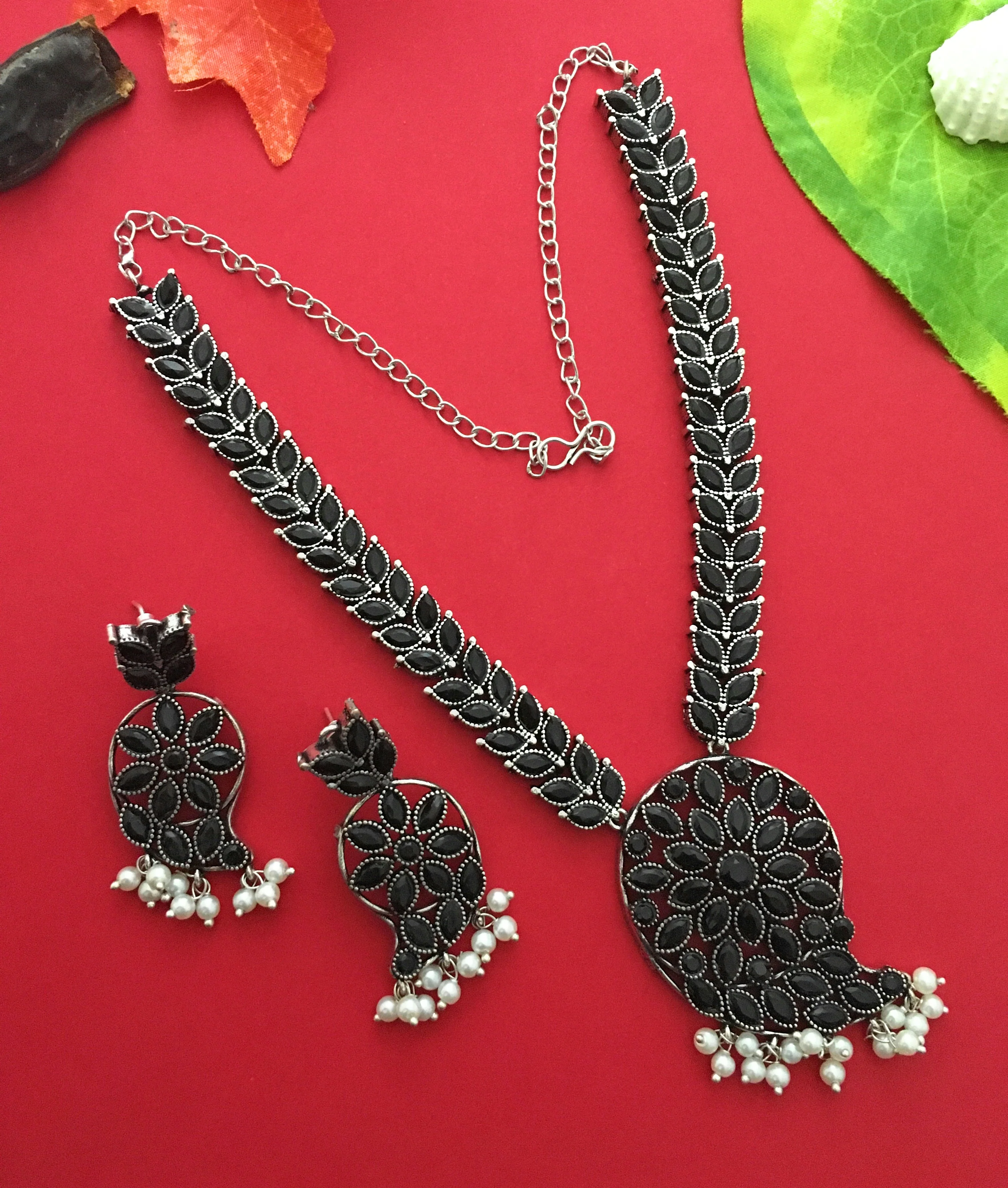 Elegant Mango Pendant Oxidised German Silver Pearl Necklace Jewellery Set - Sasitrends - Image 5