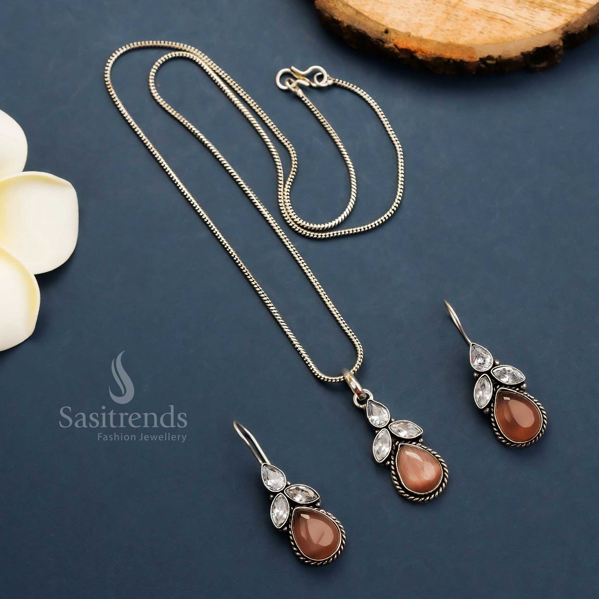 Latest Oxidised Floral Pendant Chain Jewellery Set with Monalisa Stones and AD Stones + Matching Hook Earrings - Image 10