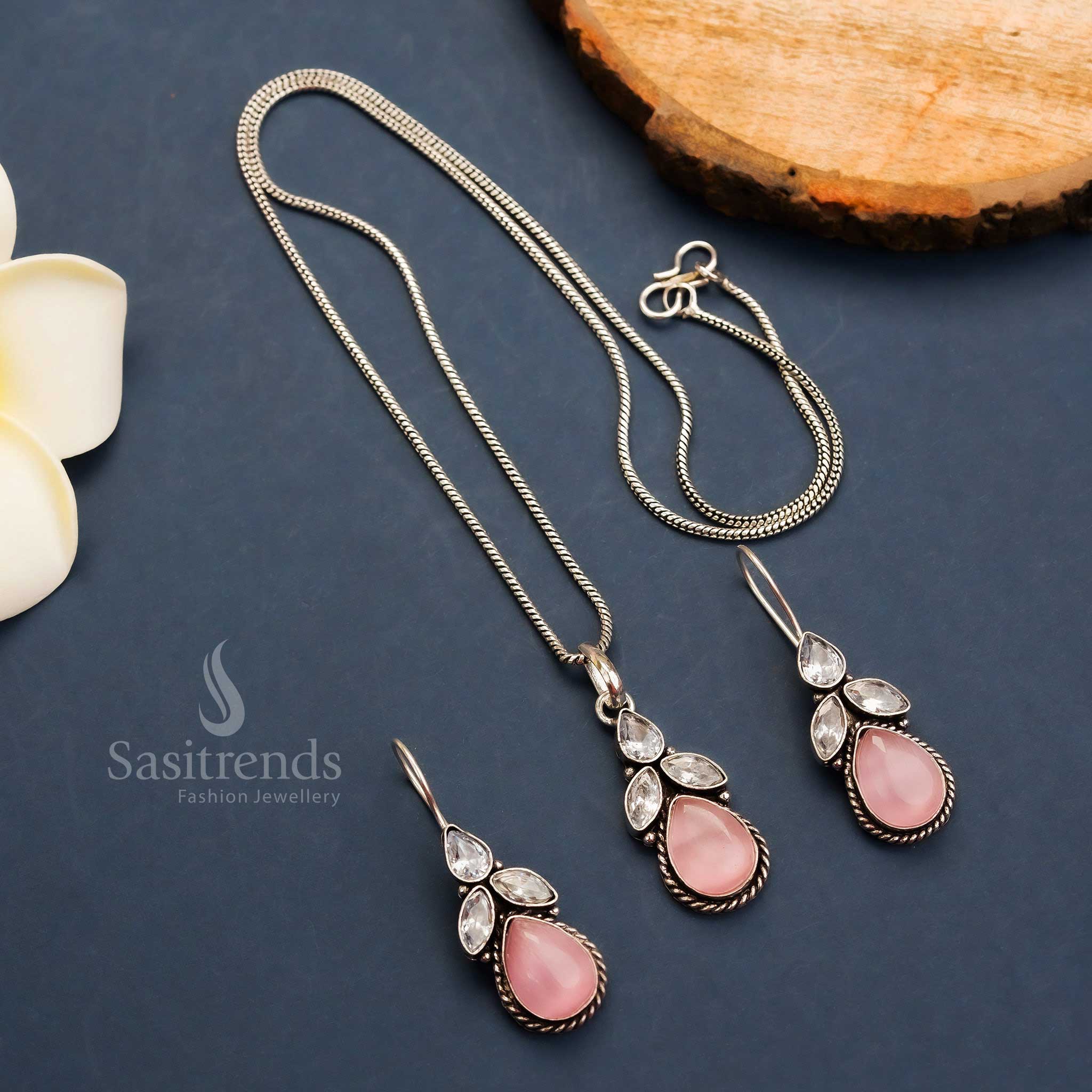 Latest Oxidised Floral Pendant Chain Jewellery Set with Monalisa Stones and AD Stones + Matching Hook Earrings - Image 3