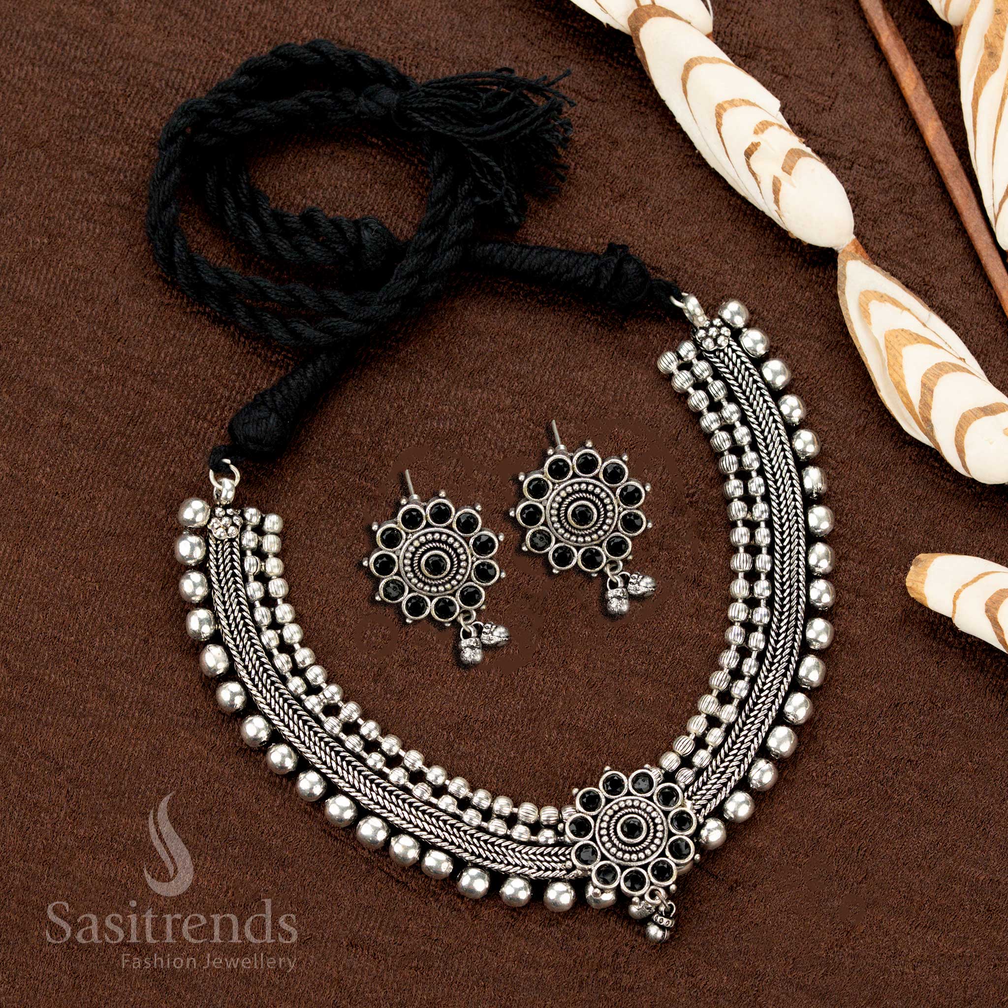Oxidised German Silver Stone Studded Floral Pendant Four Line Ball Choker Necklace Jewellery Set - Sasitrends - Image 3