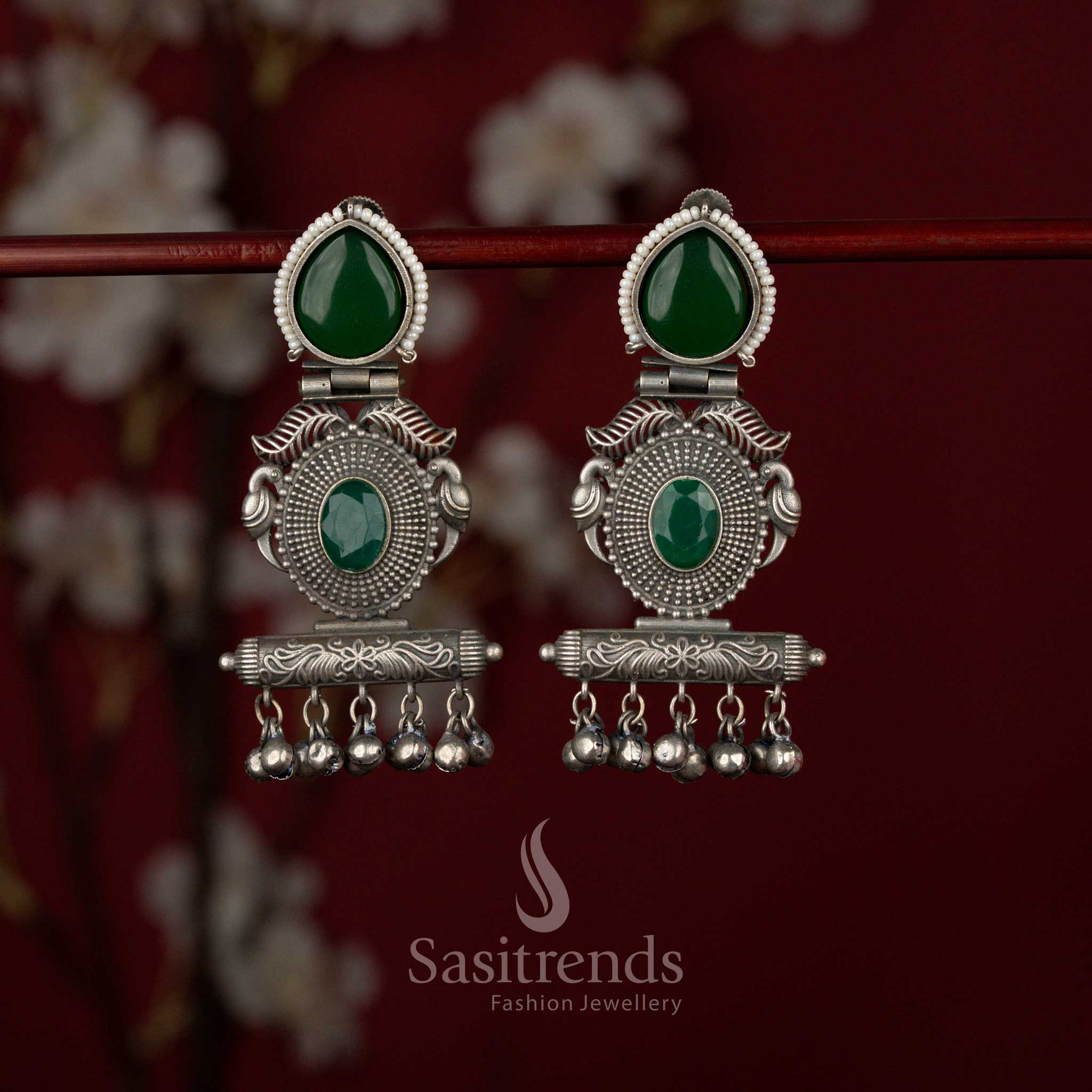 Oxidised German Silver Stone Teardrop Tribal Statement Bird Architectural Rectangular Earrings for Sarees, Kurtis - Image 3