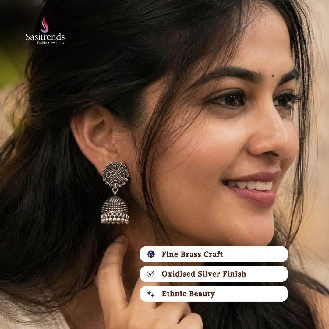 Oxidised Gold & Silver Plated Beaded Circular Jhumka Earrings For Grand Ethnic Wear - Sasitrends - Image 2