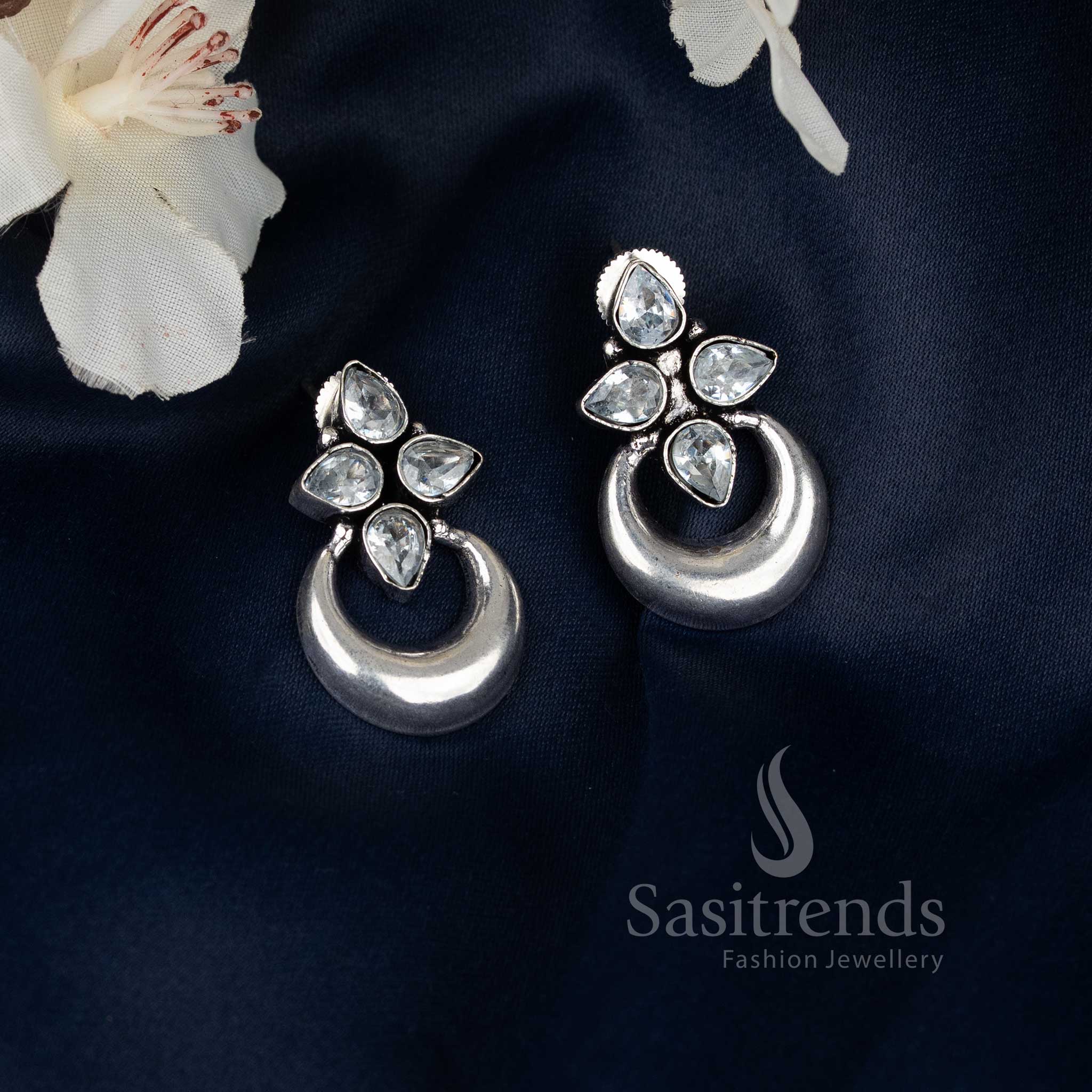 Oxidised Half Moon With Floral Motif Stud Earrings – Ethnic Heritage Inspired - Image 6