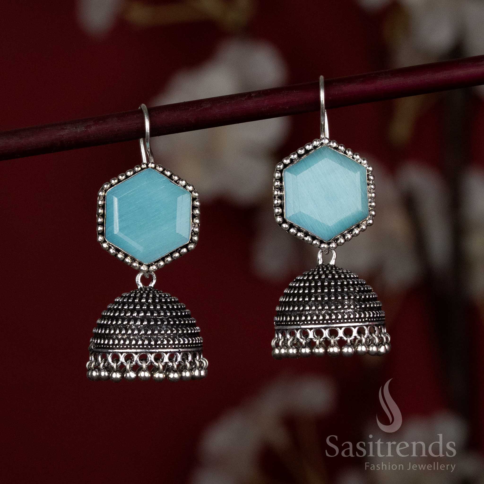 Hexagon Stud Oxidised Jhumka Earrings with Hanging Silver Beads – Sasitrends - Image 9