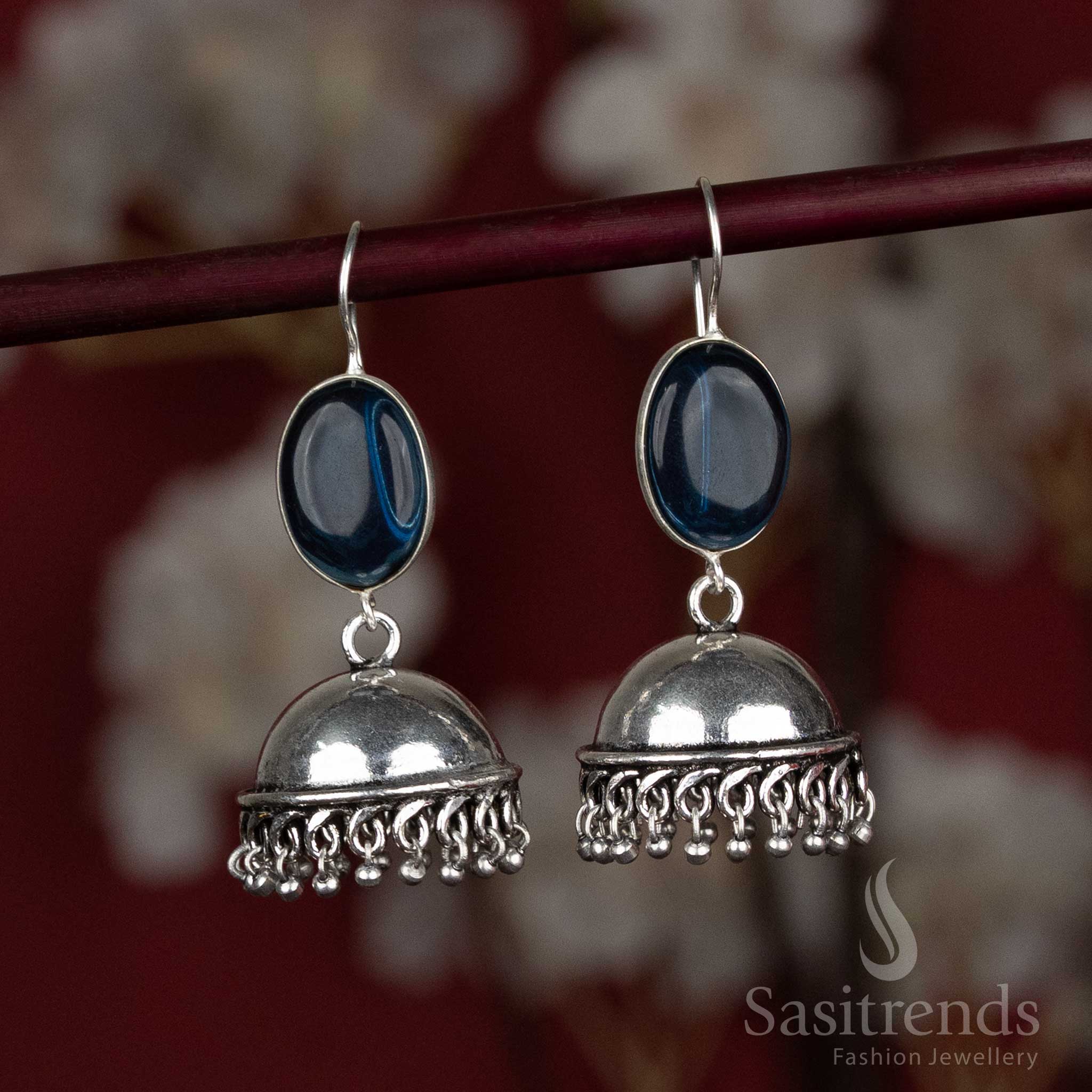 Oxidised Jhumka Earrings with Oval Stone & Hanging Silver Beads - Sasitrends - Image 5