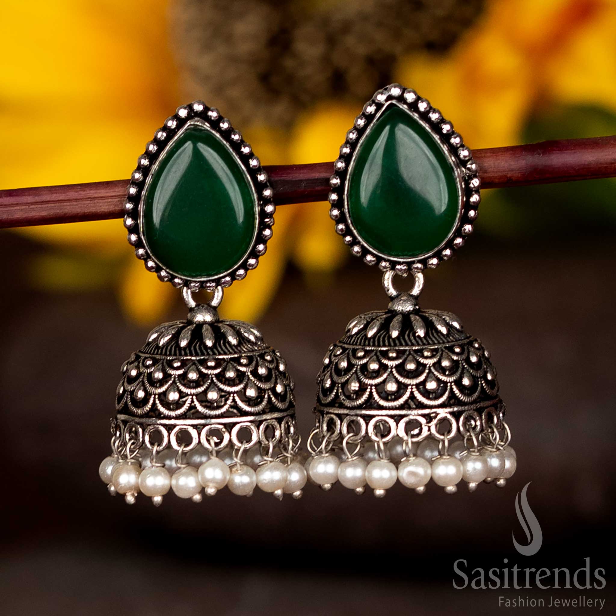 Oxidised Jhumka Earrings with Teardrop Faceted Stud and Pearl Fringe For Beautiful Events - Sasitrends - Image 3