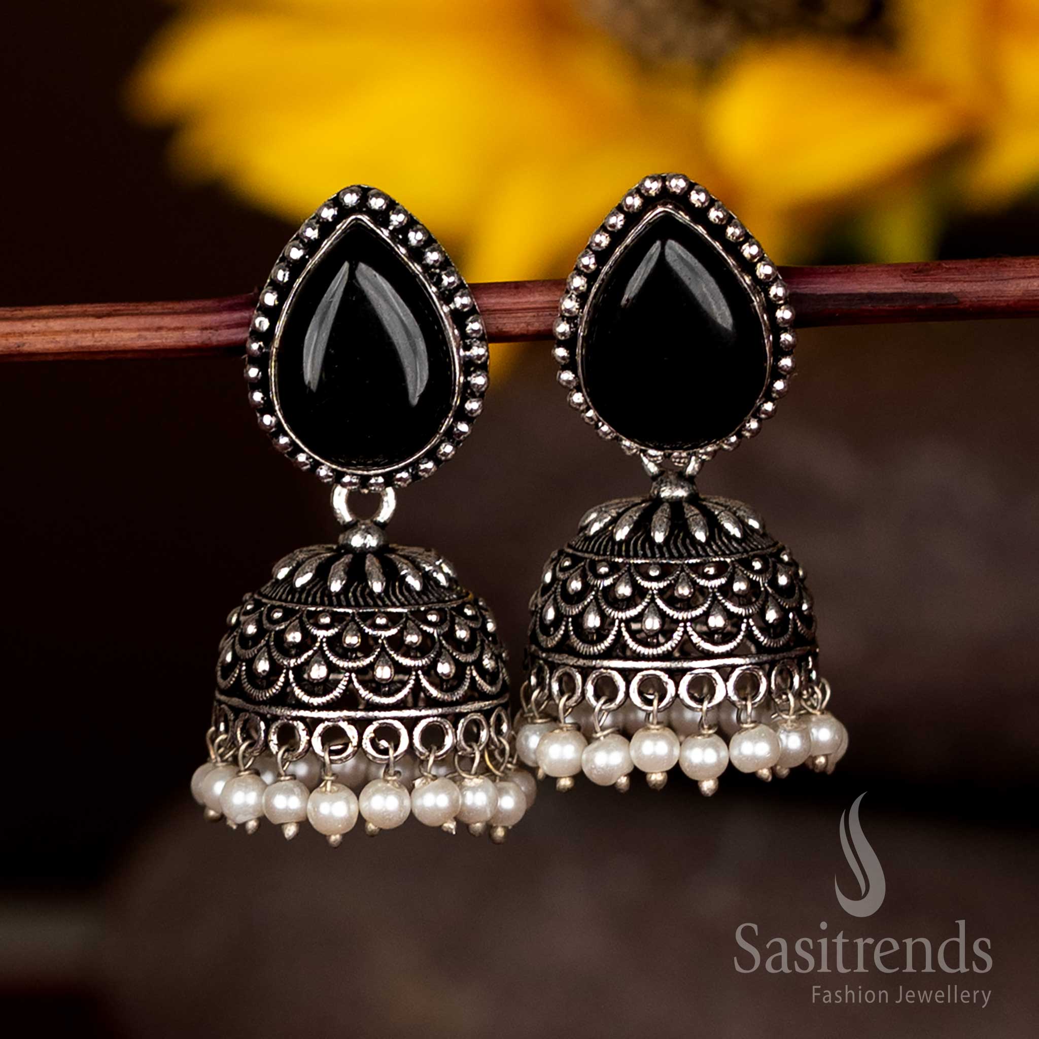 Oxidised Jhumka Earrings with Teardrop Faceted Stud and Pearl Fringe For Beautiful Events - Sasitrends - Image 4