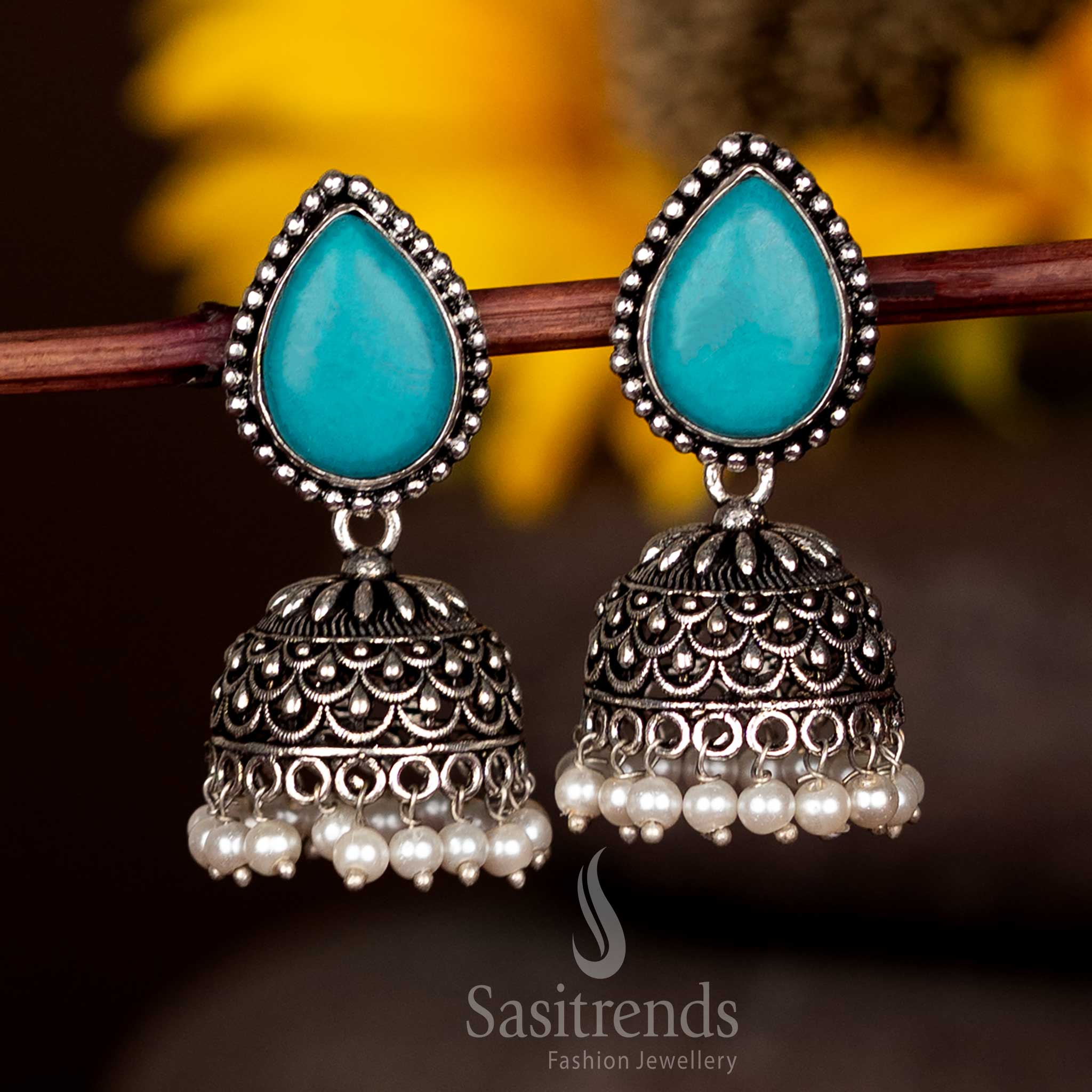 Oxidised Jhumka Earrings with Teardrop Faceted Stud and Pearl Fringe For Beautiful Events - Sasitrends - Image 7