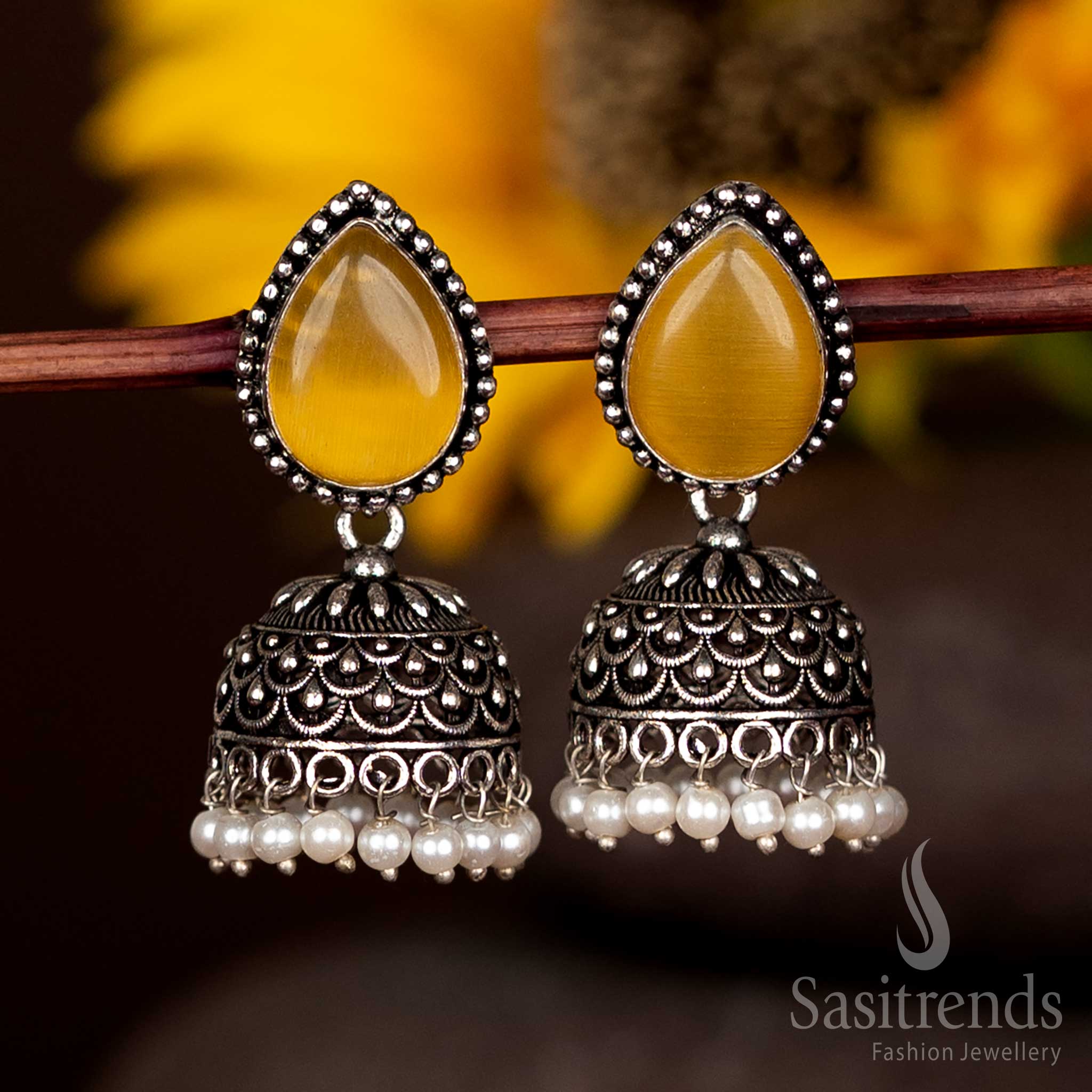 Oxidised Jhumka Earrings with Teardrop Faceted Stud and Pearl Fringe For Beautiful Events - Sasitrends - Image 9