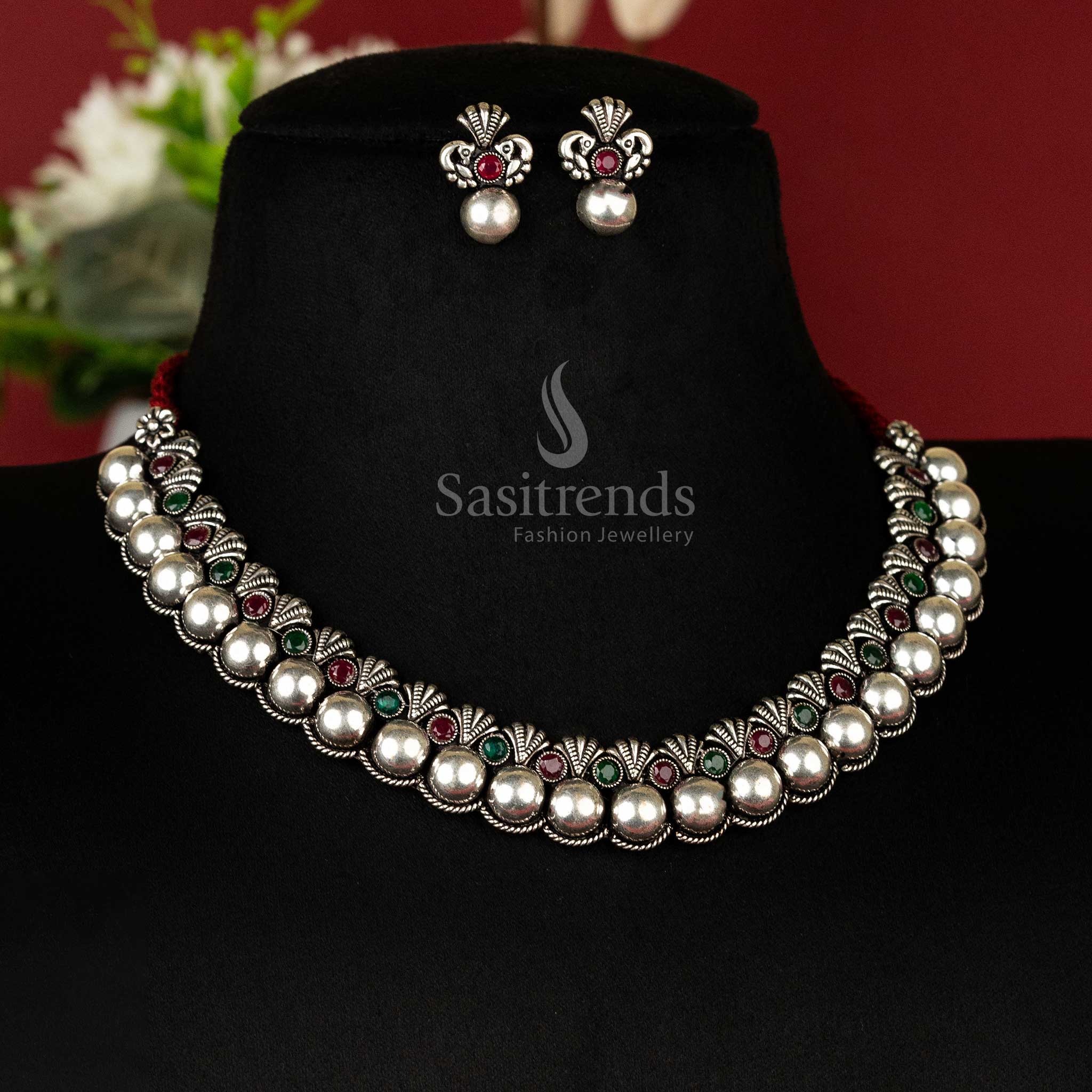 Oxidised Kolhapuri Necklace Jewellery Set with Ruby Green Stones - Sasitrends