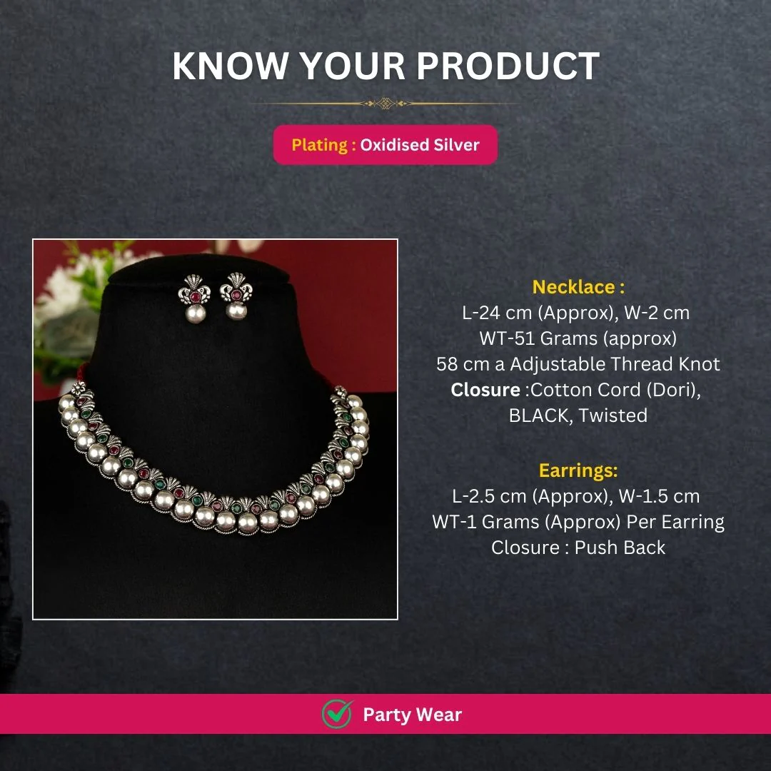 Oxidised Kolhapuri Necklace Jewellery Set with Ruby Green Stones - Sasitrends - Image 2