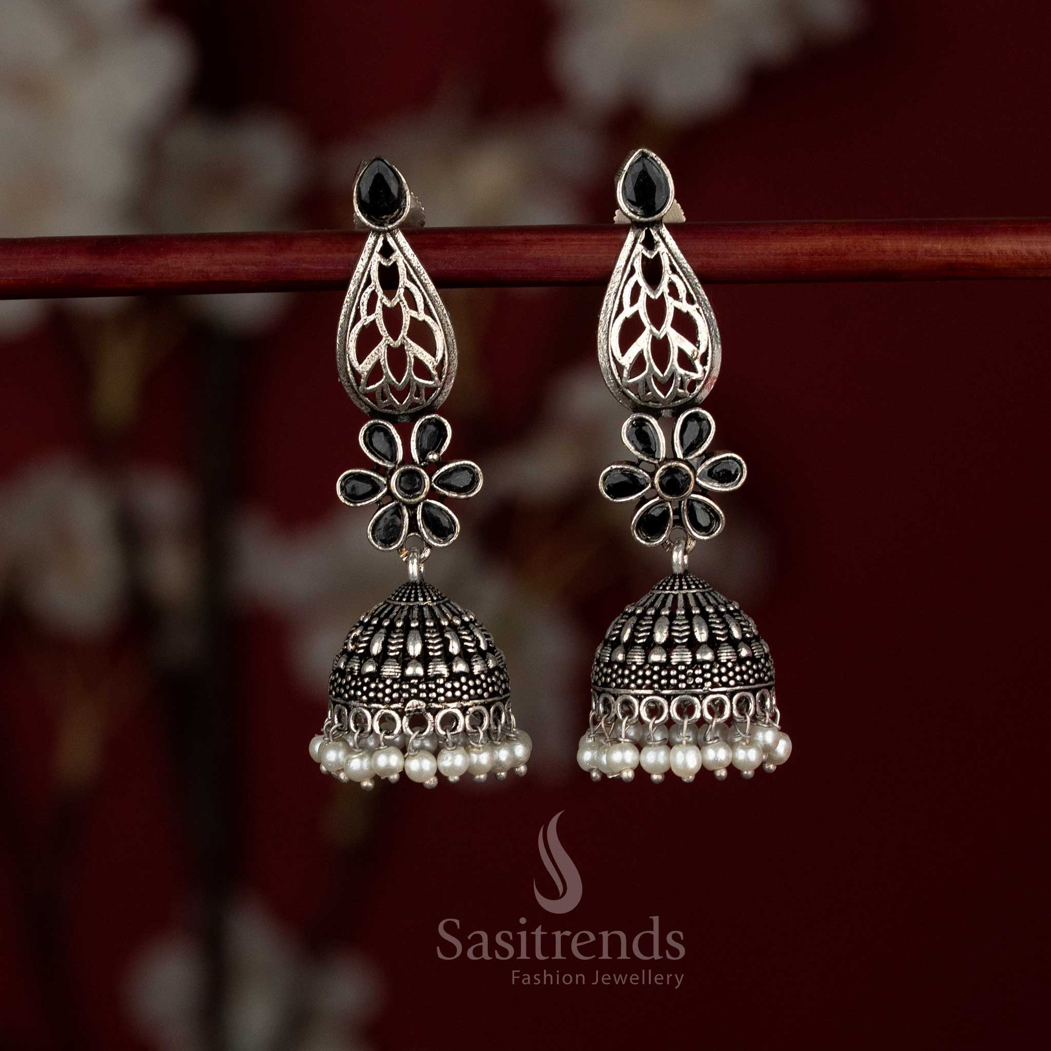 Oxidised German Silver Monalisa Teardrop Cut Floral Motif Jhumka Earrings with Pearl Hangings - Image 2