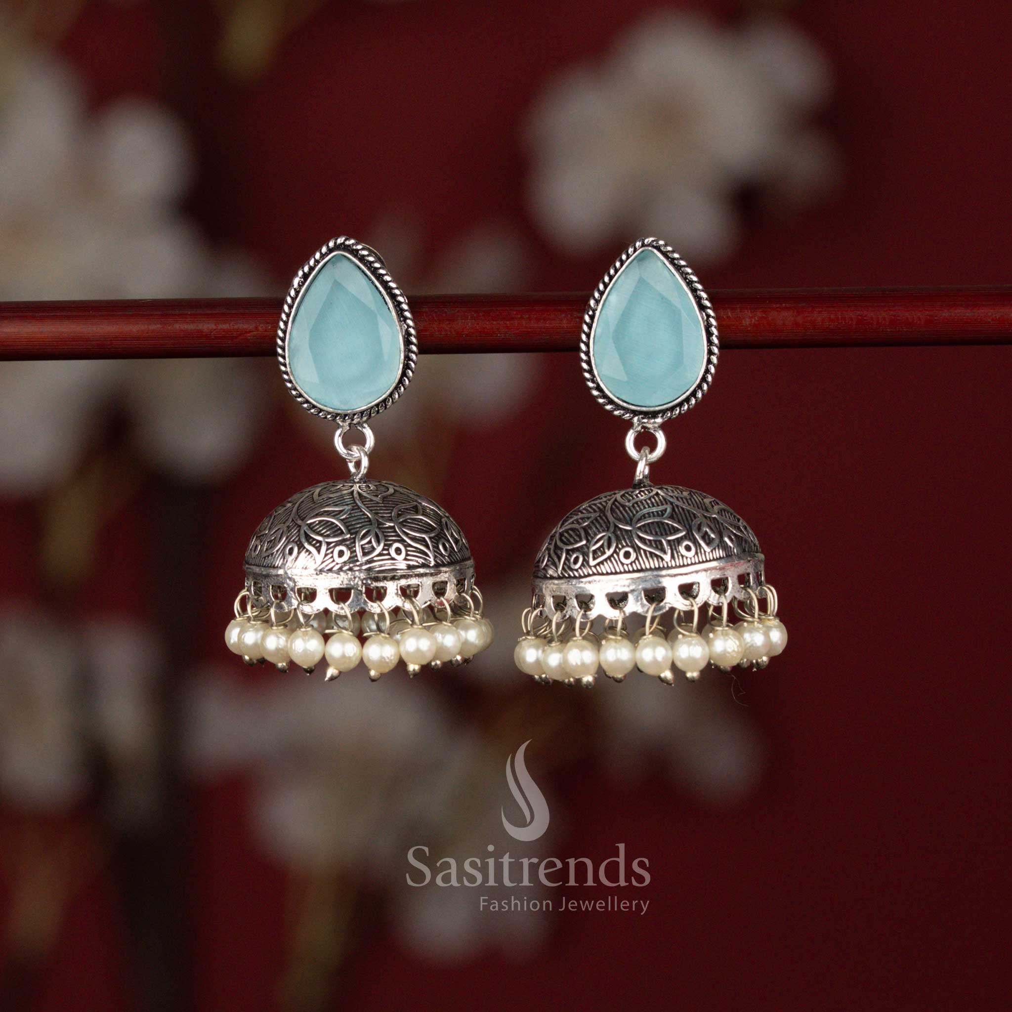 Elegant Oxidised Monalisa Teardrop Jhumka Earrings for Sarees, Kurti Sets & Festive Ethnic Styling - Image 3