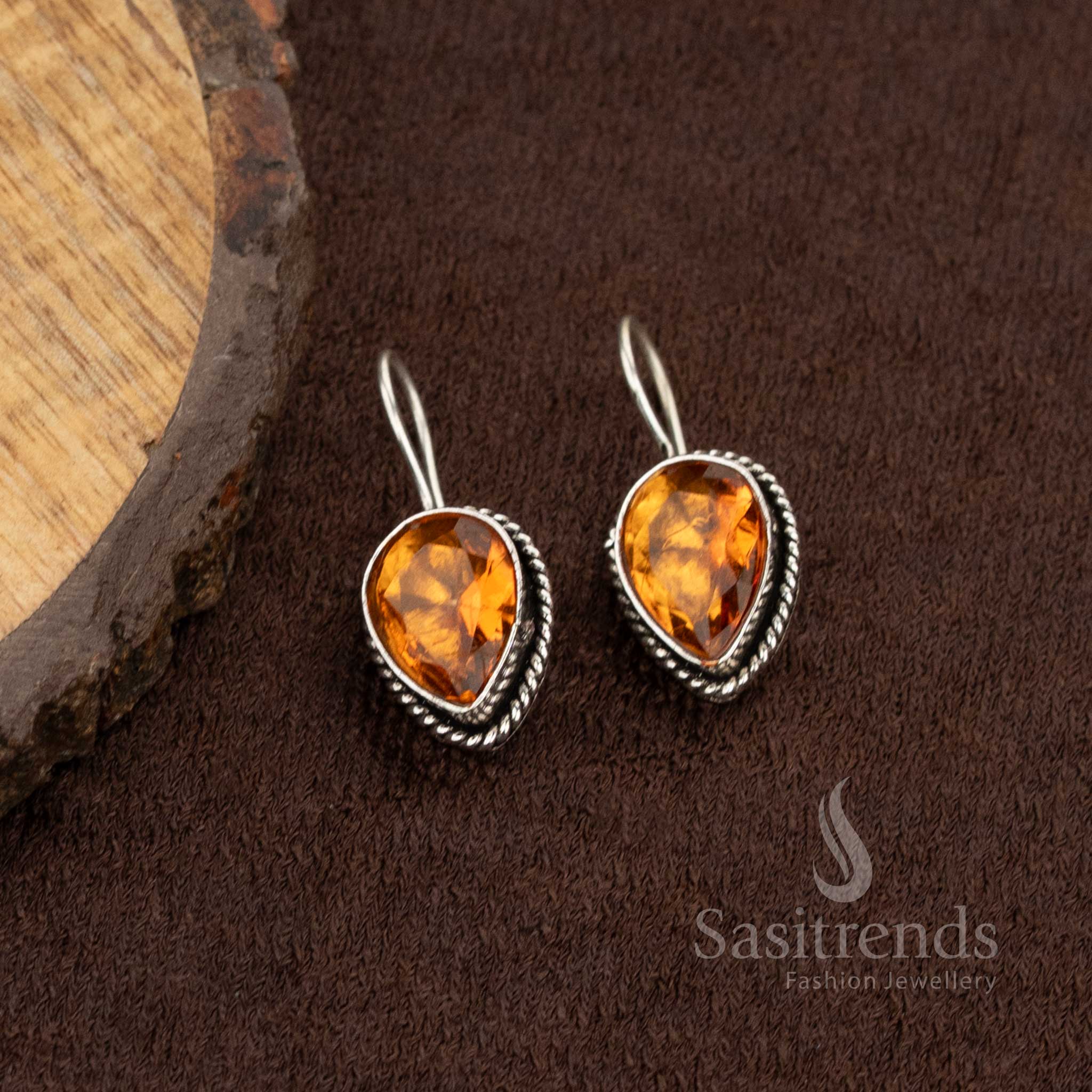 Oxidised Teardrop Design Earrings with Clear Natural Stone for College and Workwear Look - Sasitrends - Image 5
