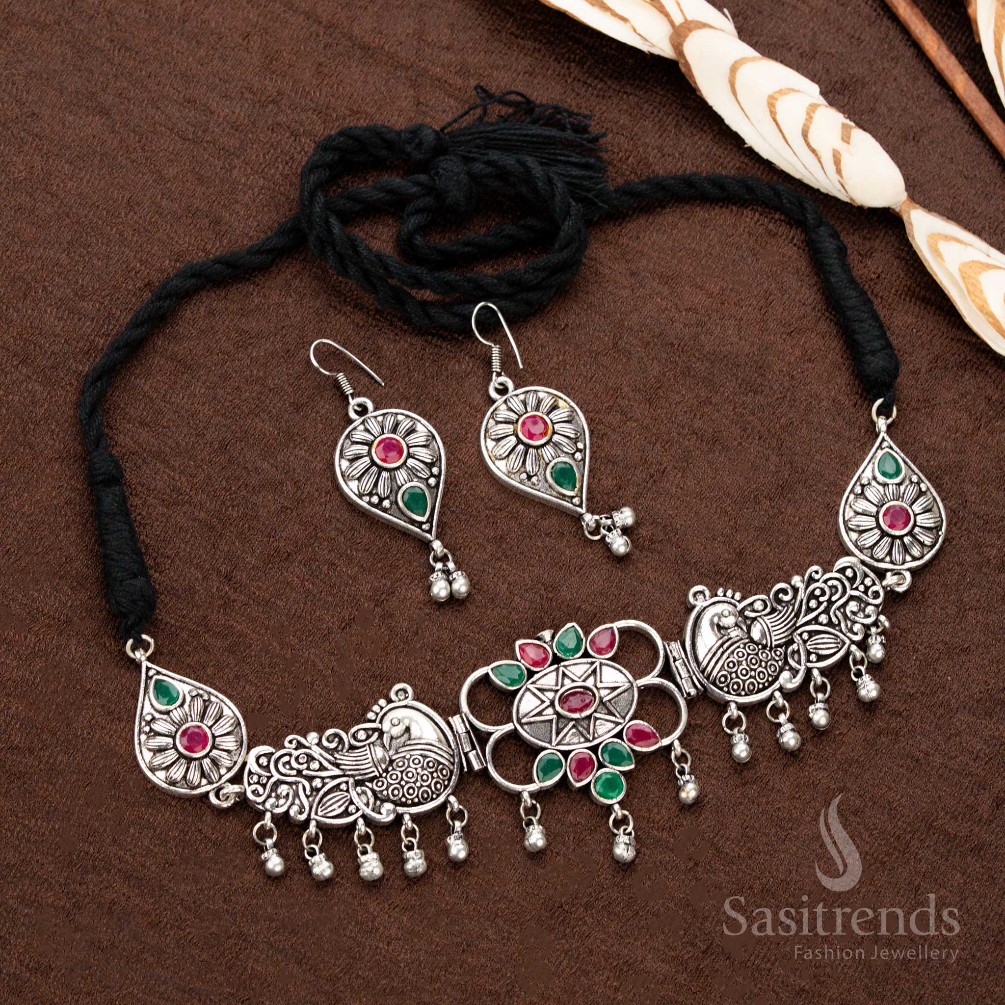 Beautiful Oxidised Navaratri Necklace Jewellery Set with Dual Peacock Motifs, Central Floral Design and Stone-Studded Teardrop Elements – Traditional Wear for Sarees and Festivals - Sasitrends - Image 5