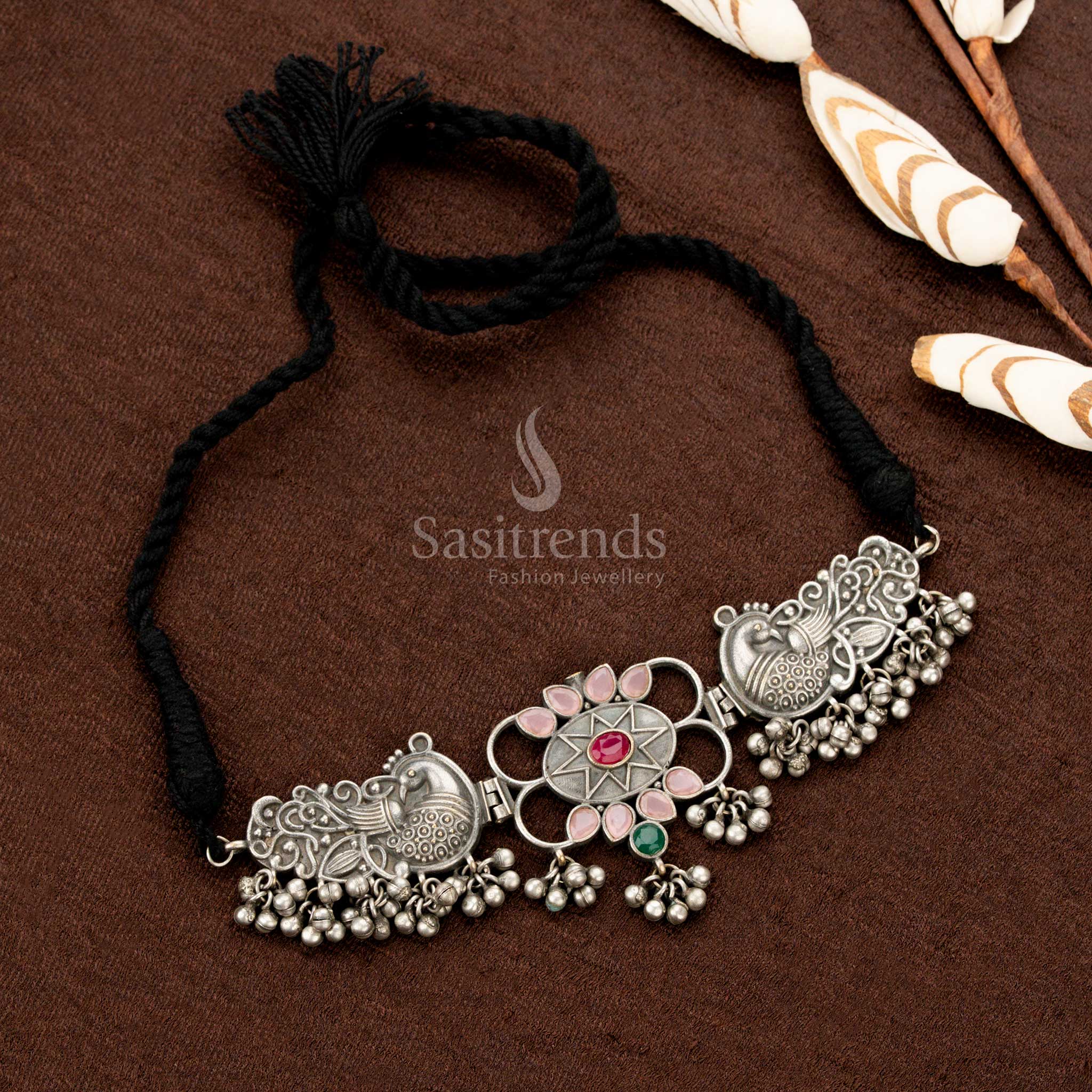Beautiful Oxidised Navaratri Necklace Jewellery Set with Dual Peacock Motifs, Central Floral Design and Stone-Studded Teardrop Elements – Traditional Wear for Sarees and Festivals - Sasitrends - Image 8