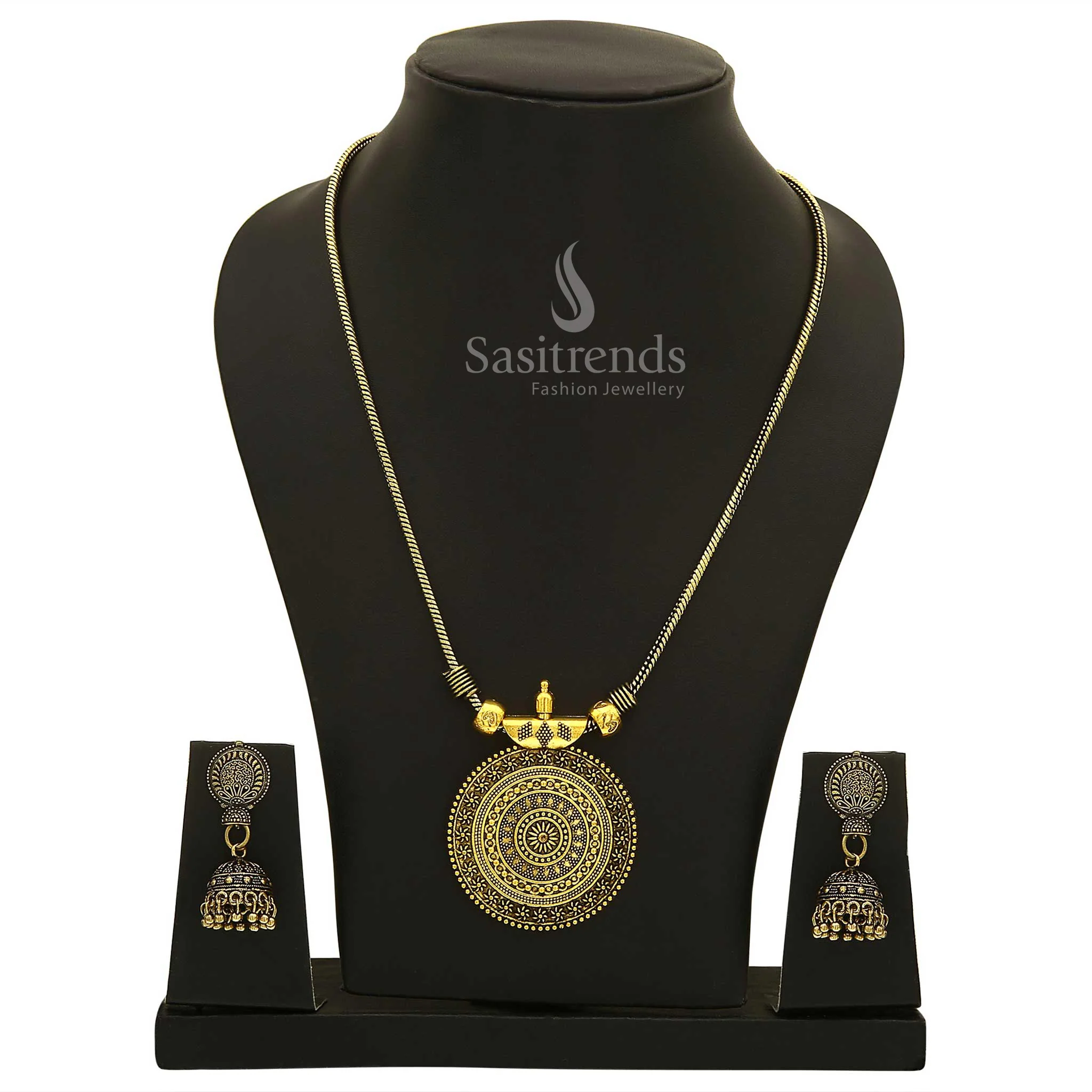 Roopasi Chakra Small Pendant Chain and Jhumka Necklace Jewellery Set in Oxidised Silver and Antique Gold - Image 3