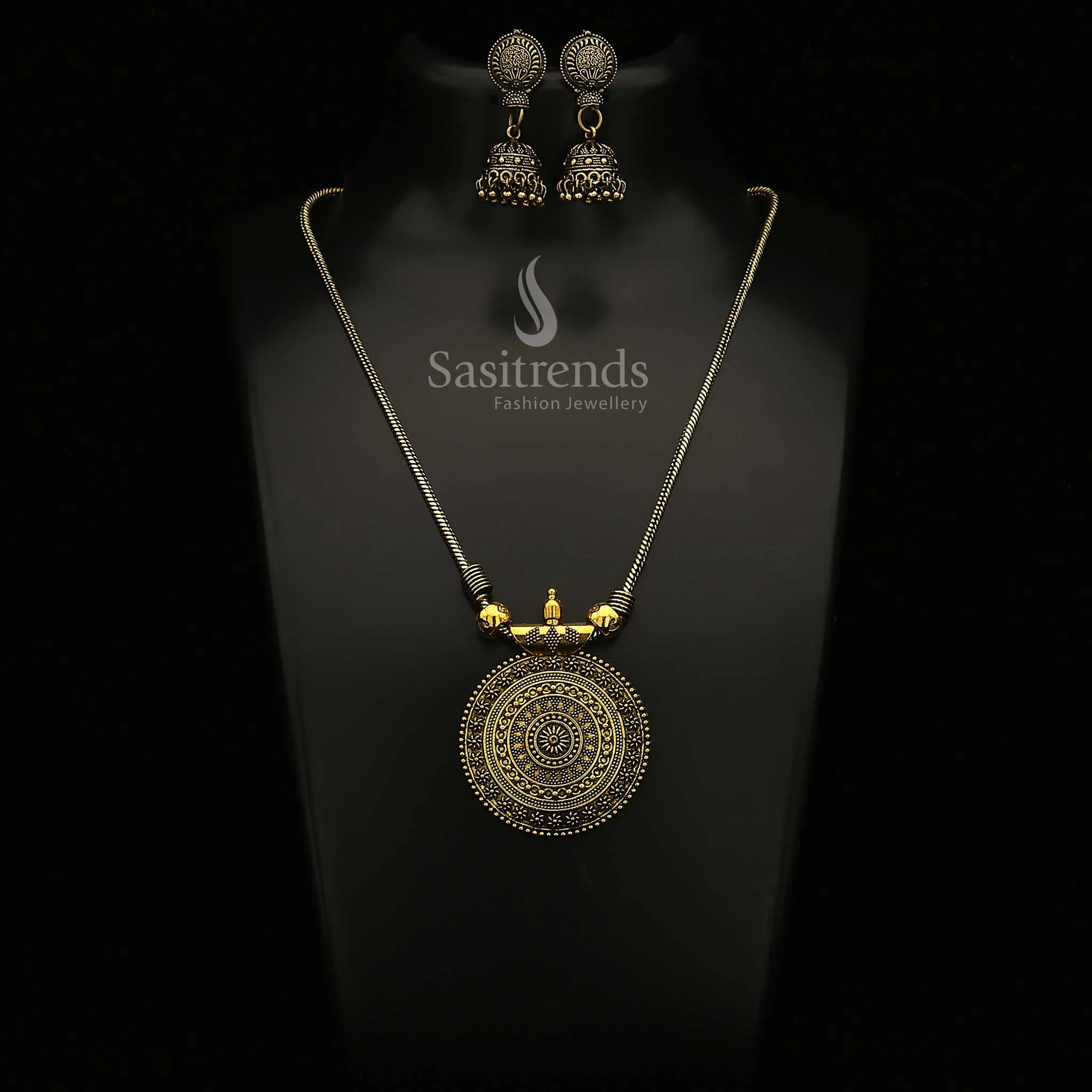 Roopasi Chakra Small Pendant Chain and Jhumka Necklace Jewellery Set in Oxidised Silver and Antique Gold - Image 4