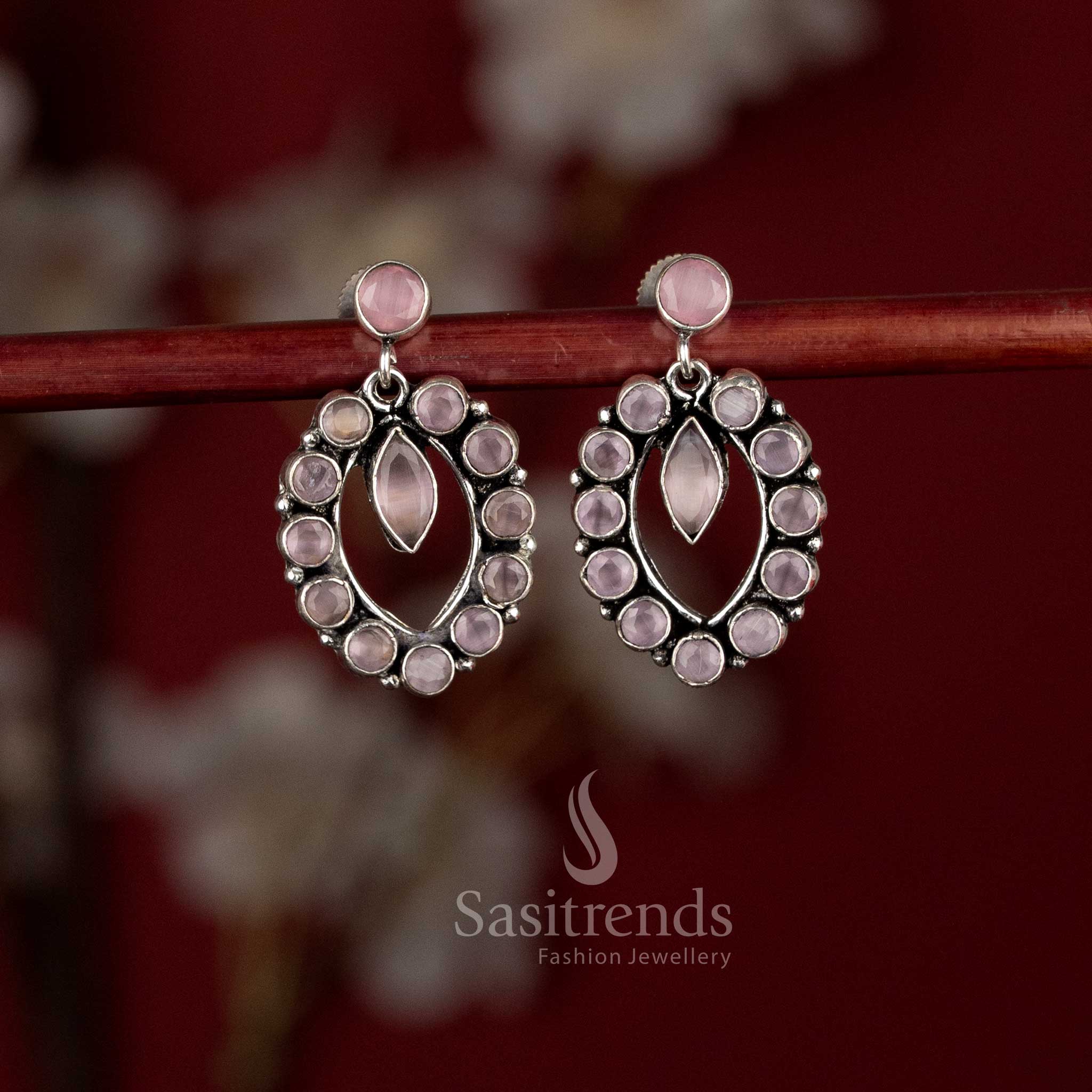 Oxidised Oval Halo Pendulum Style Stone Earrings for Coffee Dates, Casual Dinners & Evening Walks