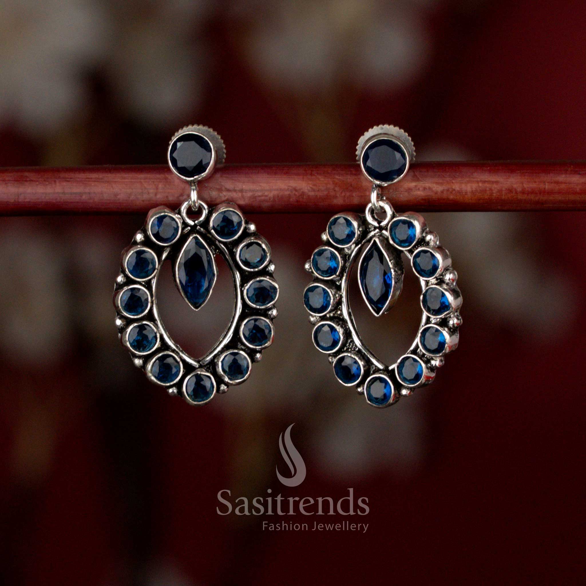 Oxidised Oval Halo Pendulum Style Stone Earrings for Coffee Dates, Casual Dinners & Evening Walks - Image 10
