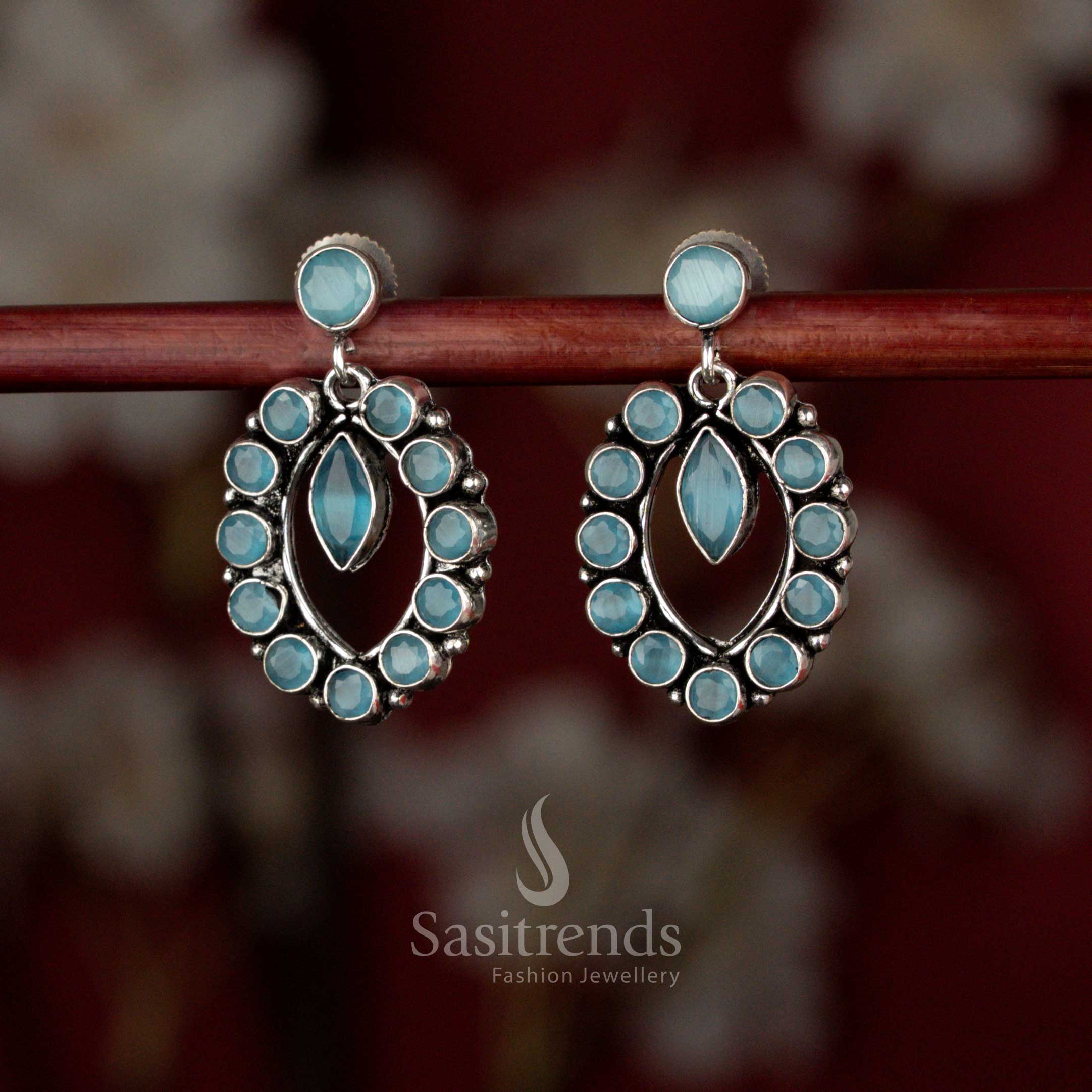Oxidised Oval Halo Pendulum Style Stone Earrings for Coffee Dates, Casual Dinners & Evening Walks - Image 11