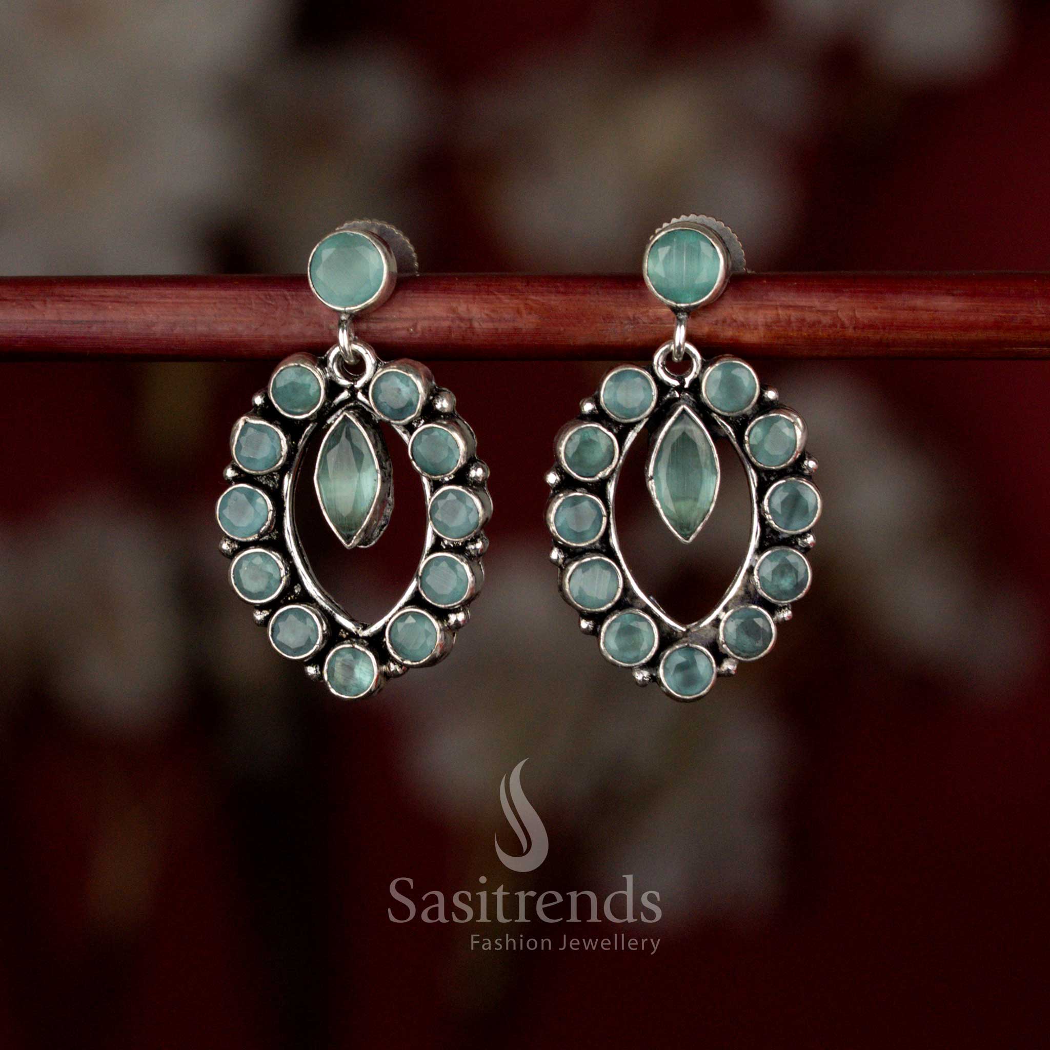 Oxidised Oval Halo Pendulum Style Stone Earrings for Coffee Dates, Casual Dinners & Evening Walks - Image 6