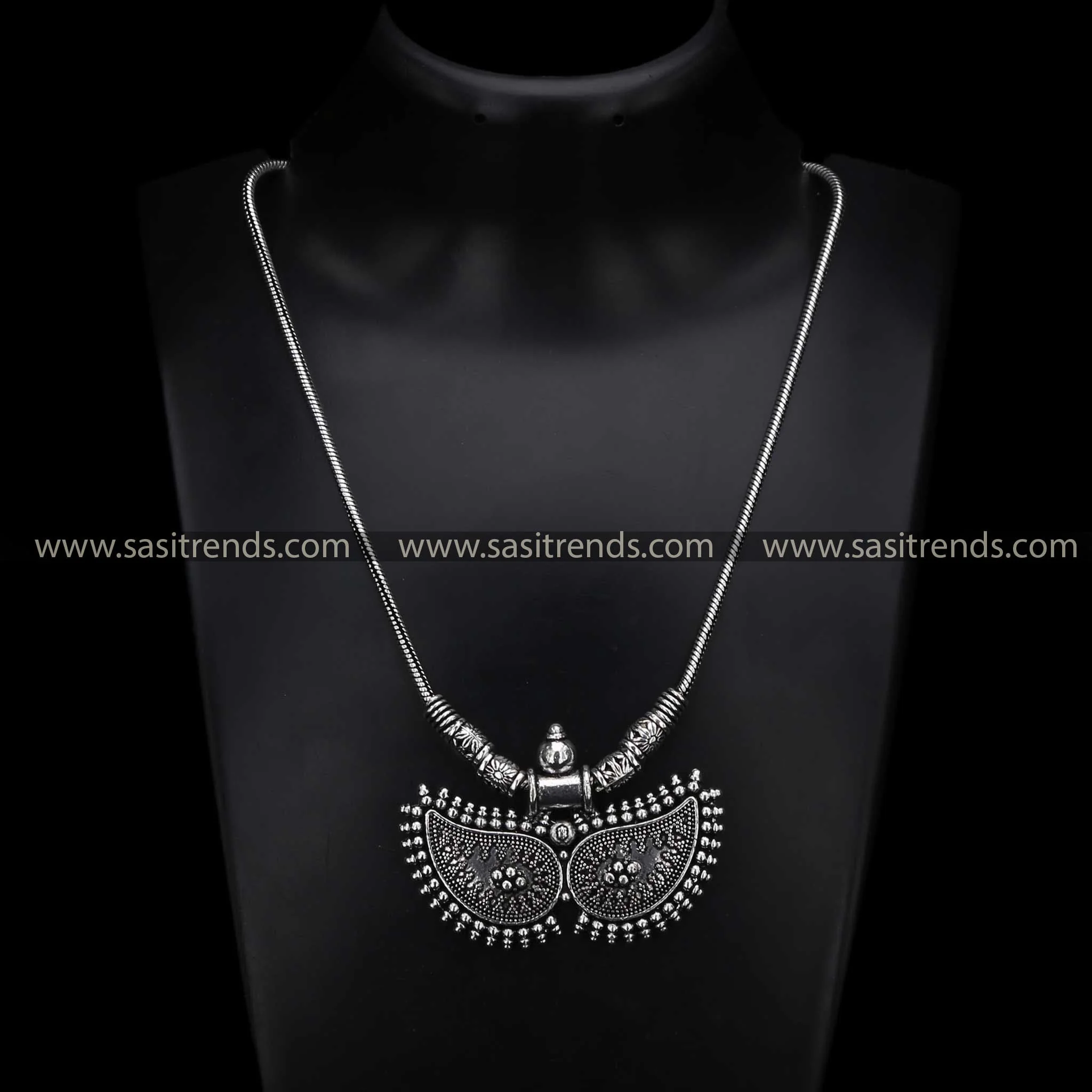 Stylish Oxidised Silver Paisley Motif Dual Pendant Chain Necklace for Traditional and Festive Wear - Sasitrends - Image 3