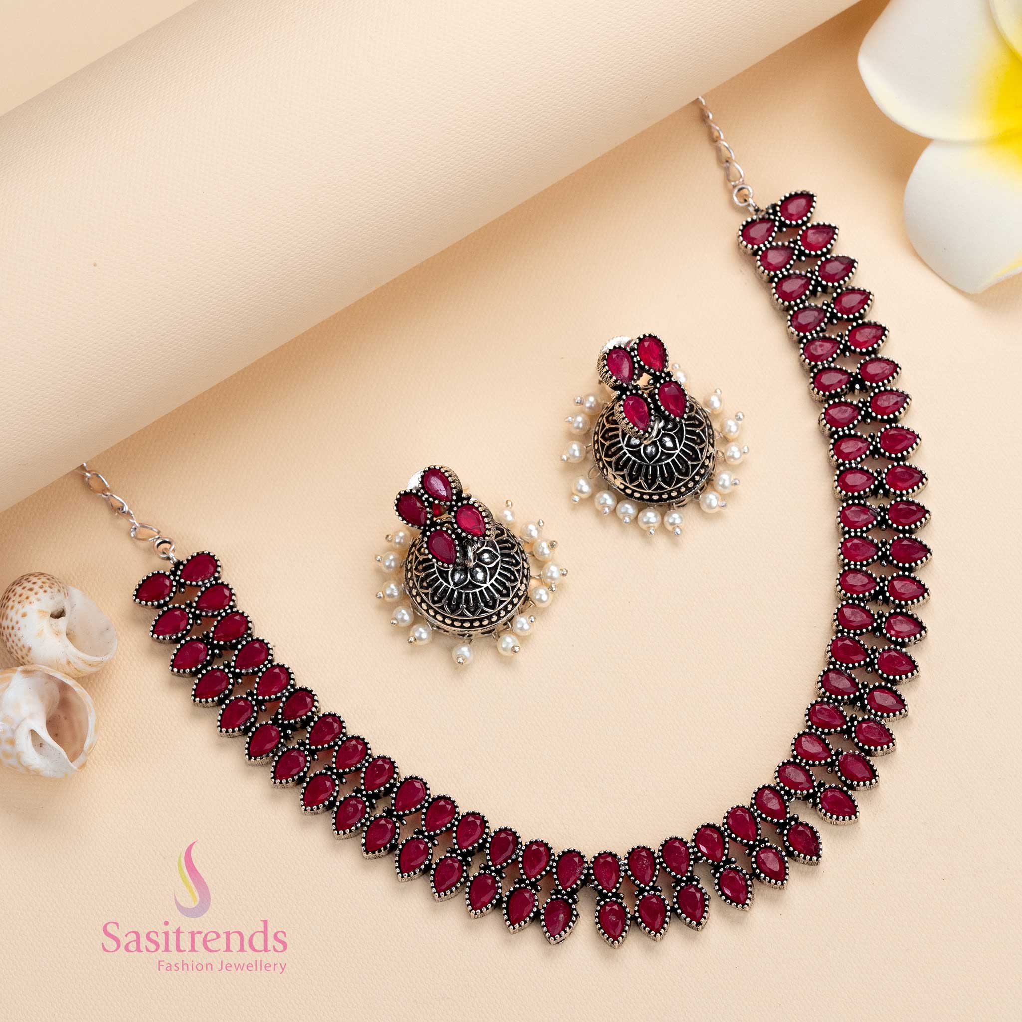 Latest Party Wear Oxidised Necklace with Pearl Jhumkas Stones Jewellery Set | Sasitrends