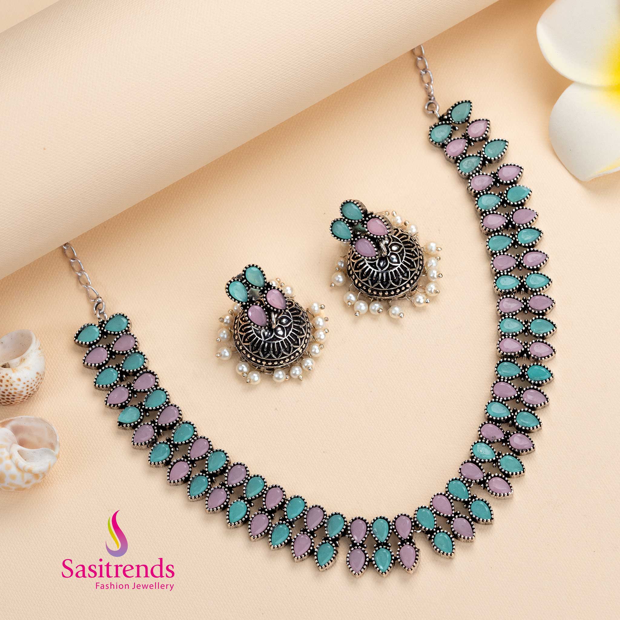 Latest Party Wear Oxidised Necklace with Pearl Jhumkas Stones Jewellery Set | Sasitrends - Image 6